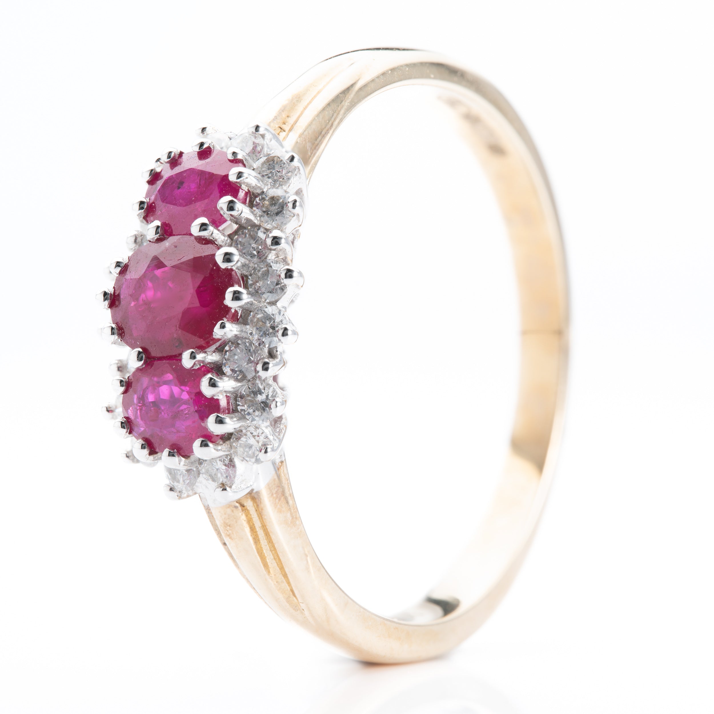 9ct Yellow gold Oval Ruby & Diamond Triple Cluster Ring