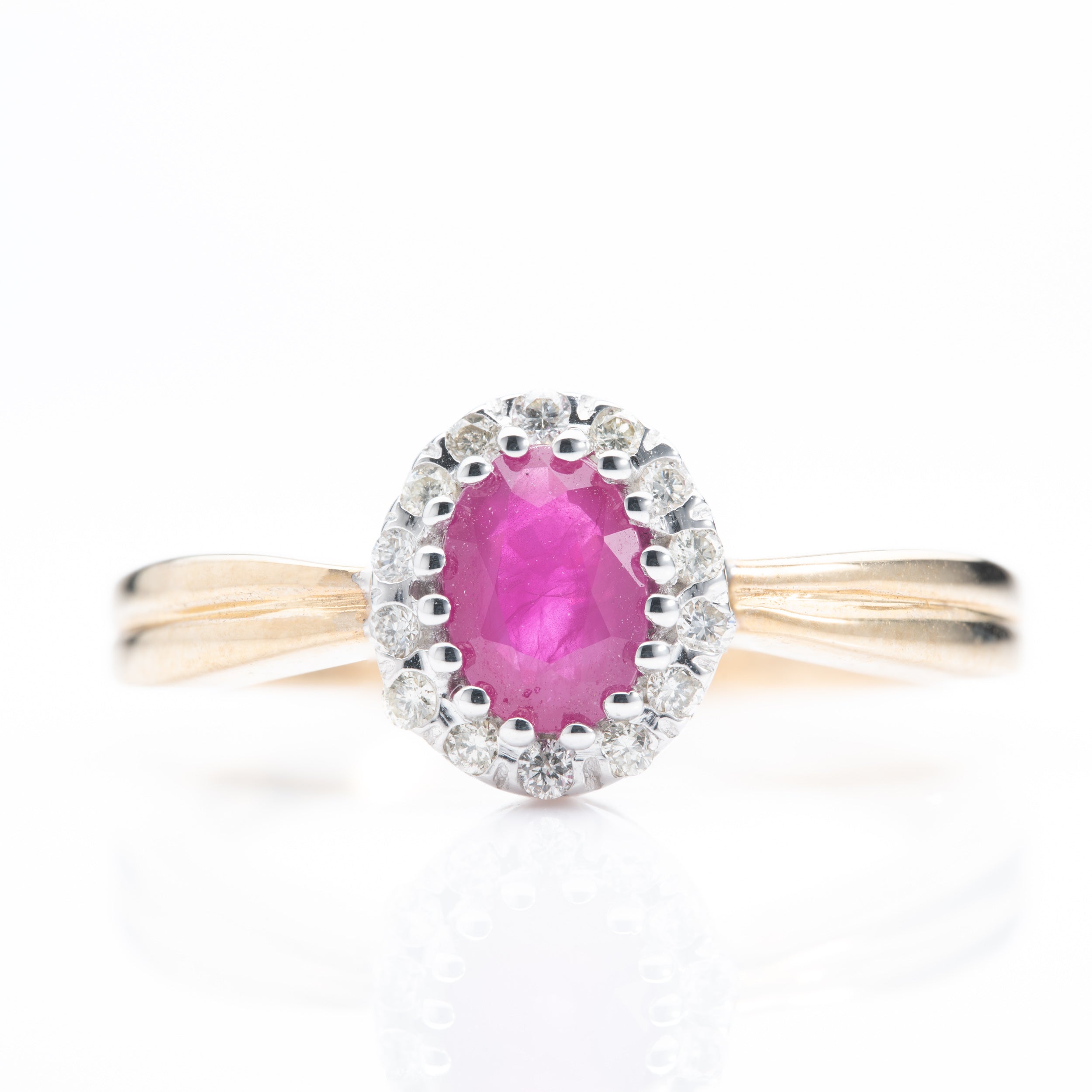 9ct Gold Oval Cut Ruby & Round Brilliant Cut Diamond Halo Cluster Ring