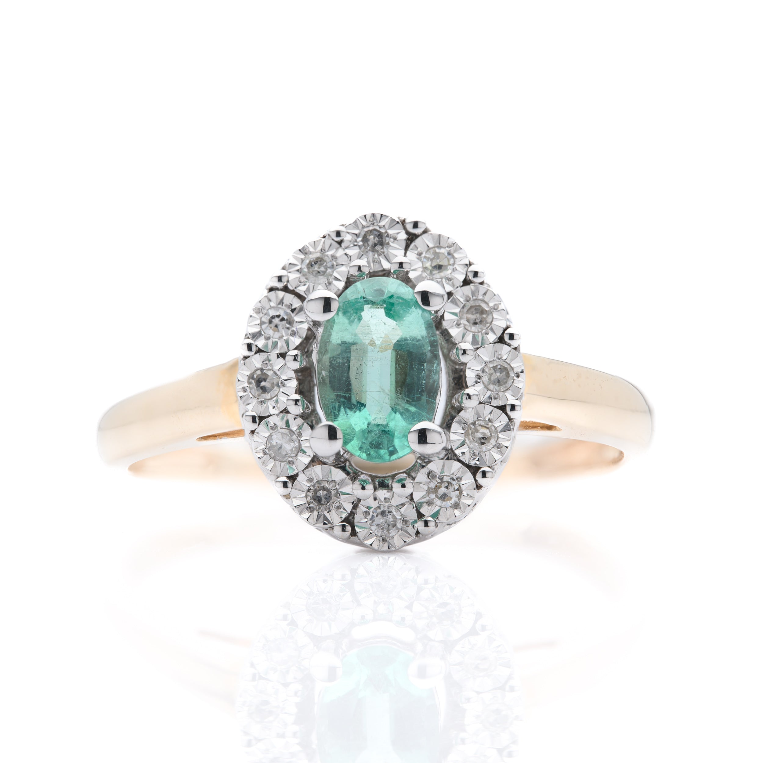 9ct Yellow Gold Oval Cut Emerald and Brilliant Cut Diamond Cluster Ring