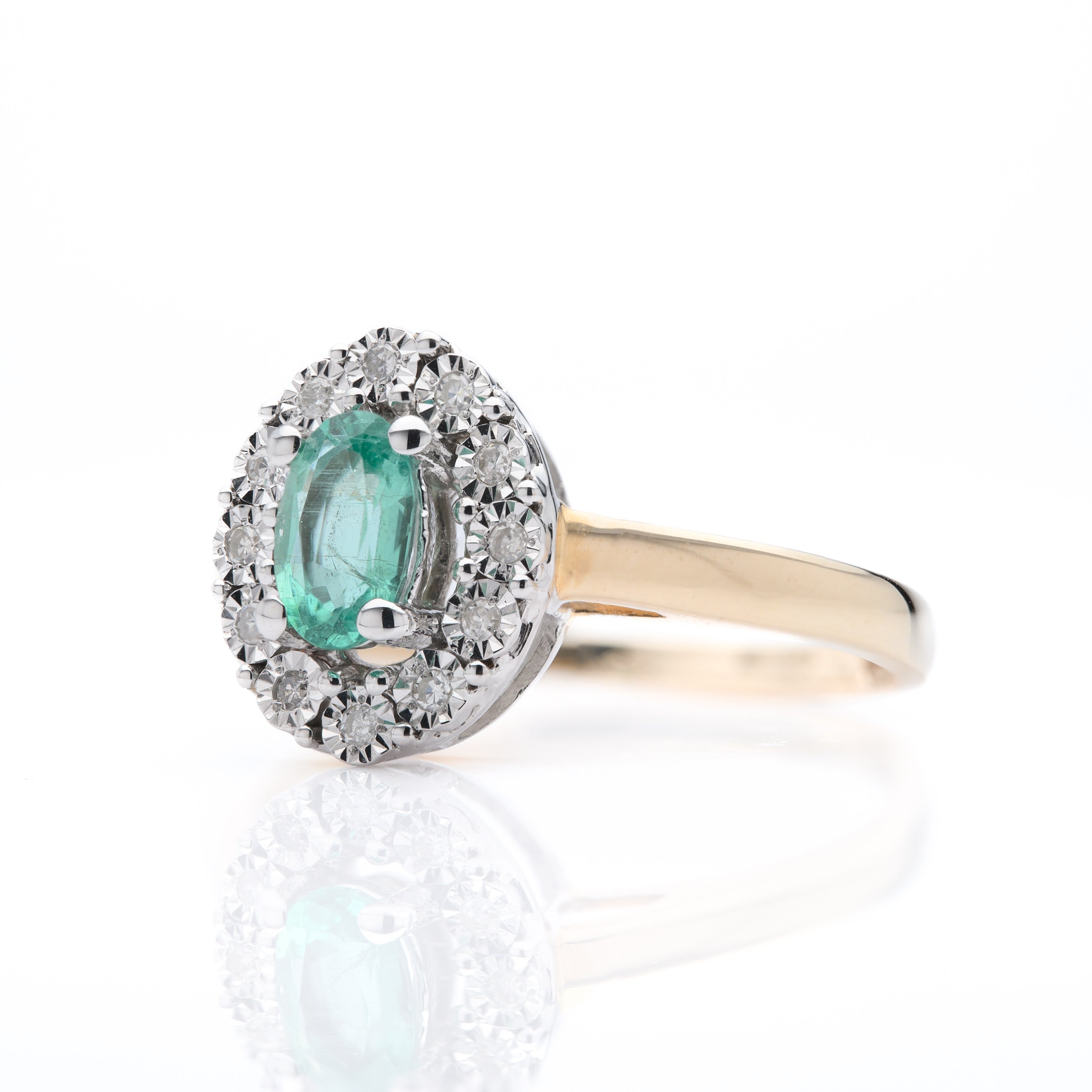 9ct Yellow Gold Oval Cut Emerald and Brilliant Cut Diamond Cluster Ring