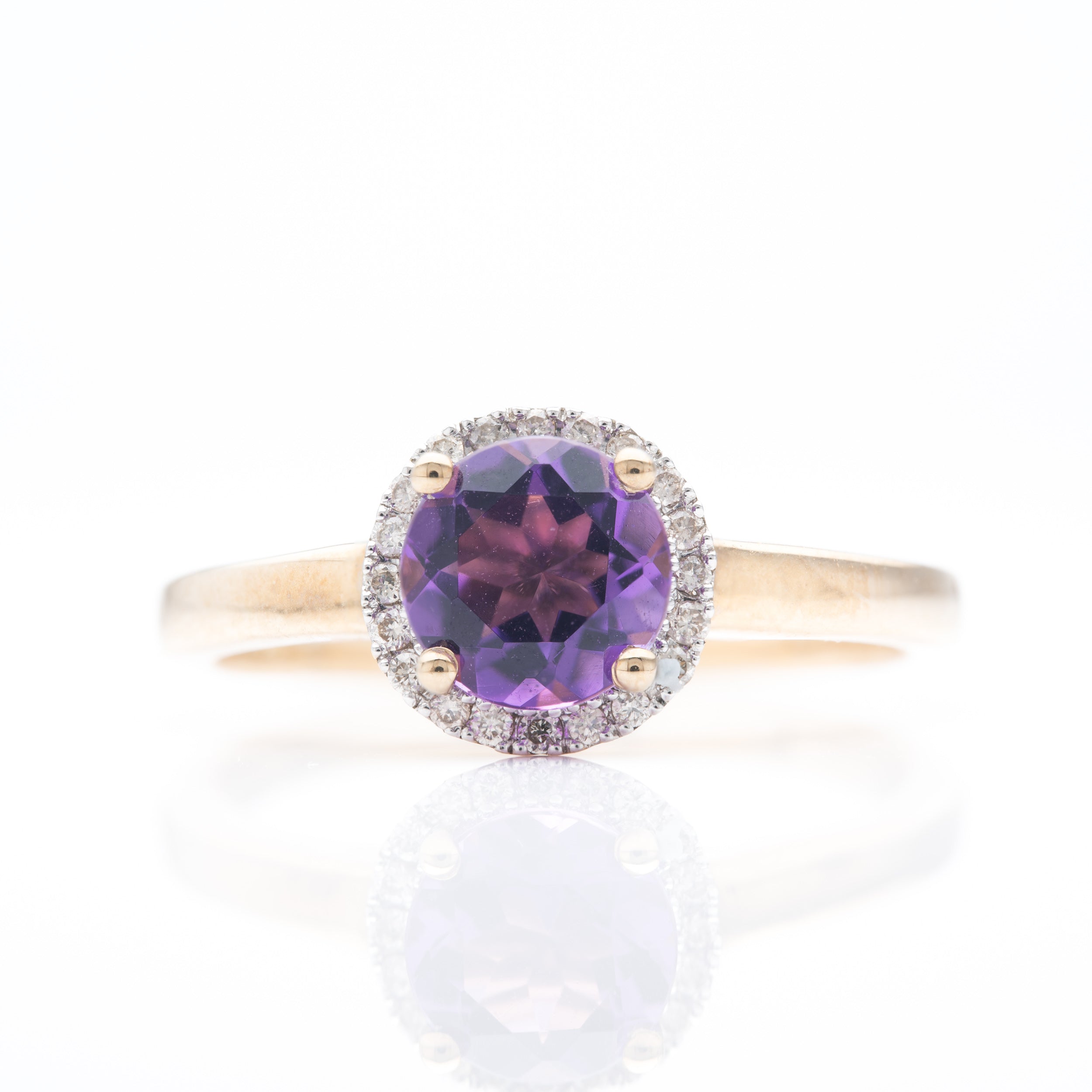 9ct Gold Round Cut Amethyst & Round Brilliant Cut Diamond Halo Cluster Ring