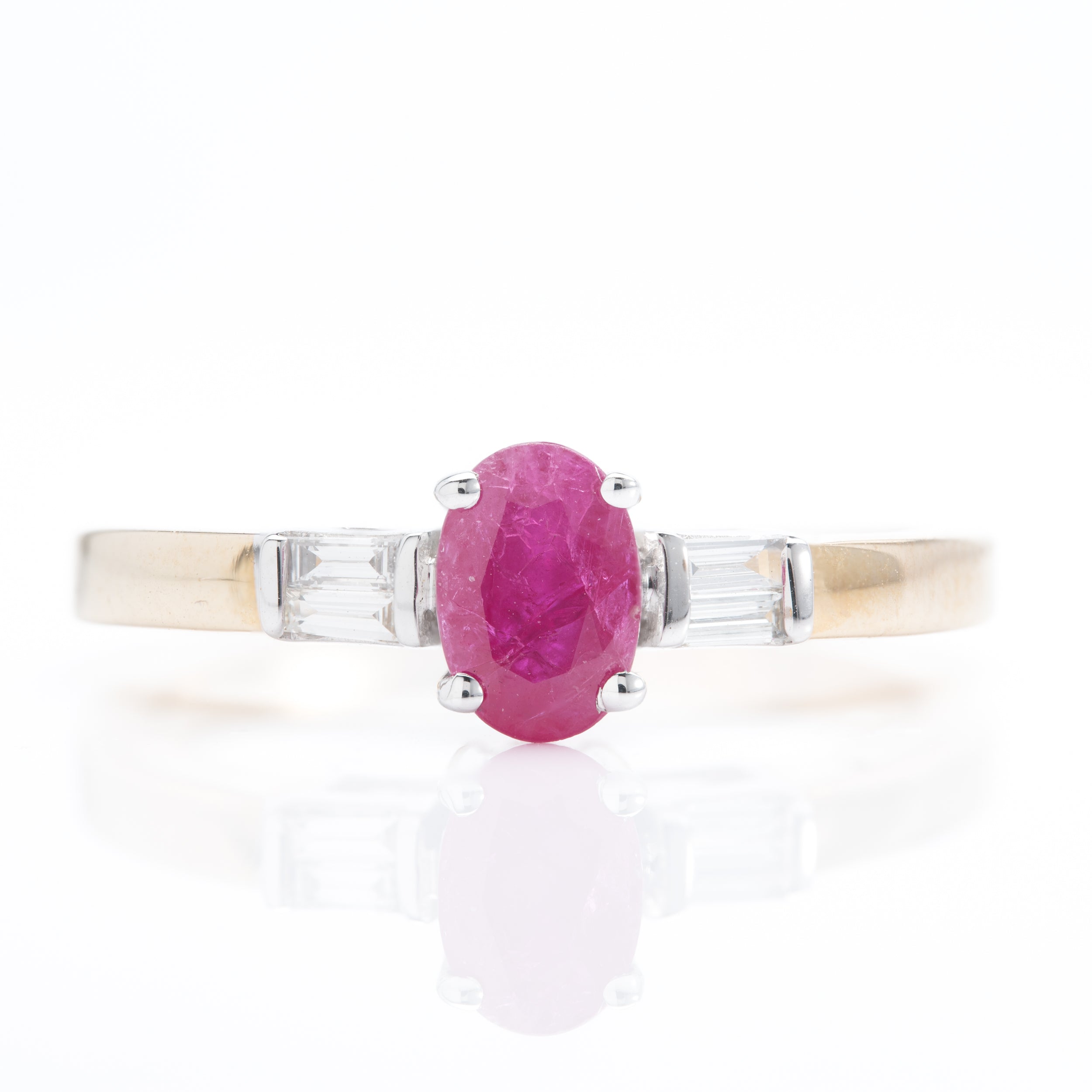 9ct Gold Oval Cut Ruby & Baguette Cut Diamond Trilogy Style Ring
