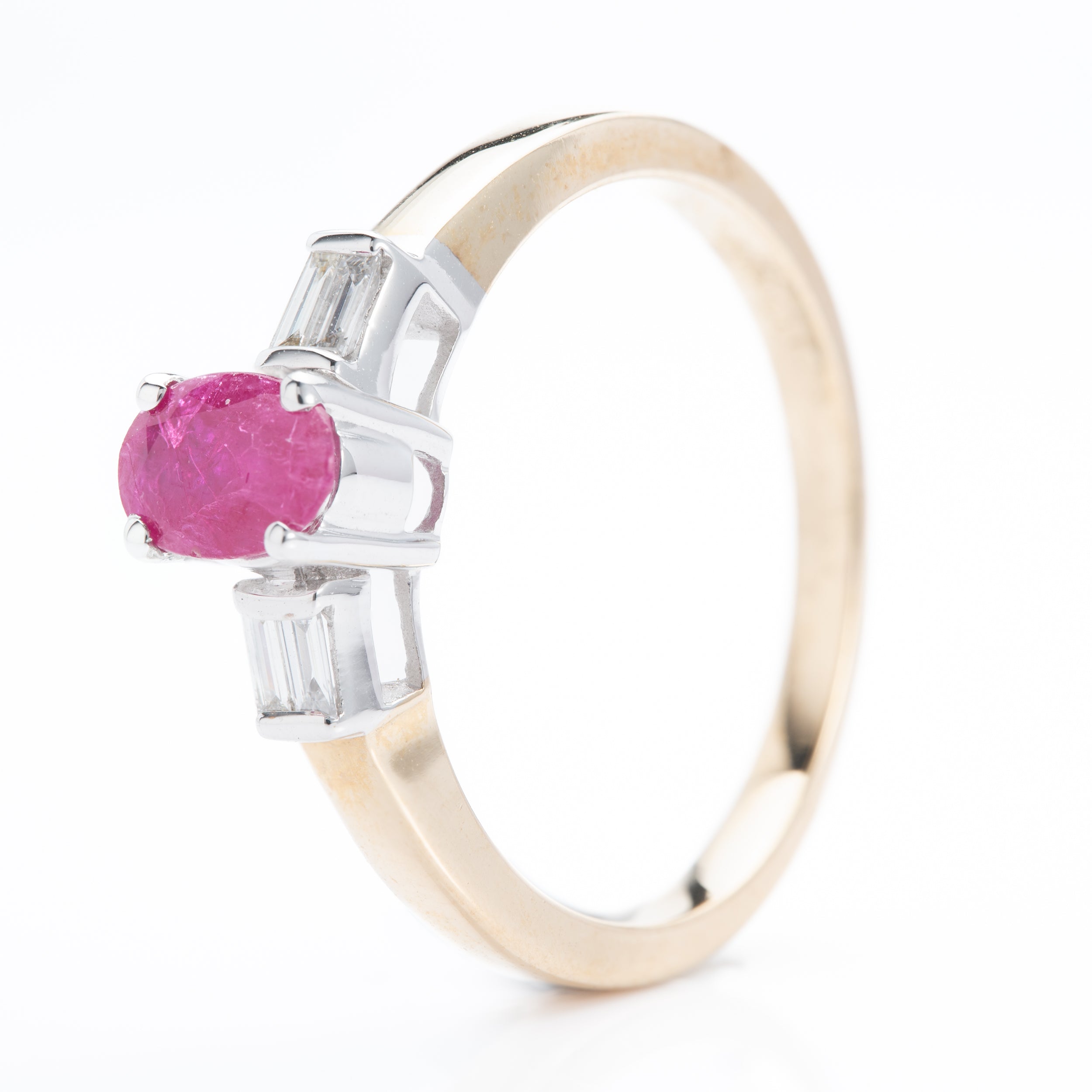 9ct Gold Oval Cut Ruby & Baguette Cut Diamond Trilogy Style Ring