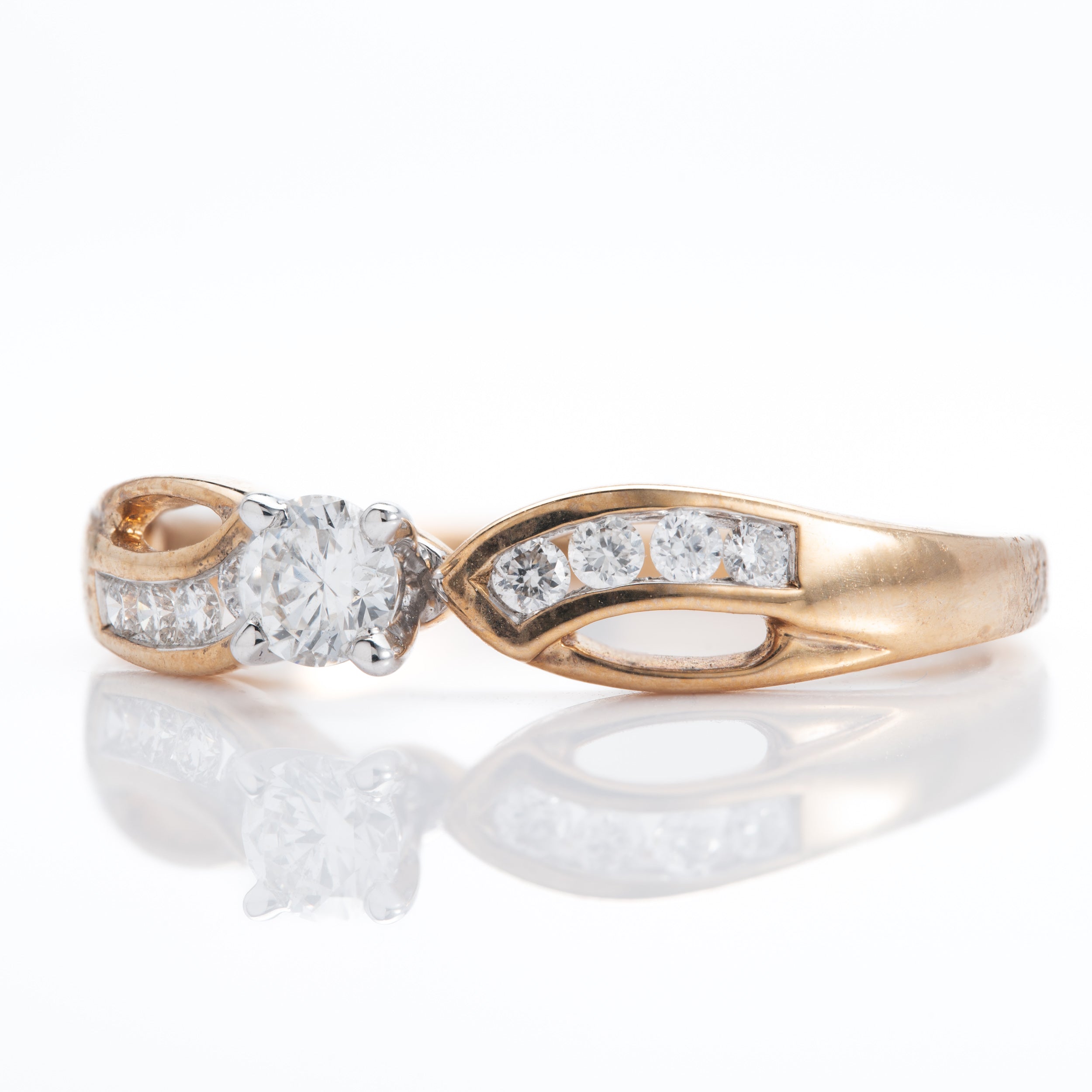 9ct Yellow & White gold Round Brilliant cut Diamond ring with Channel Set Diamond Shoulders