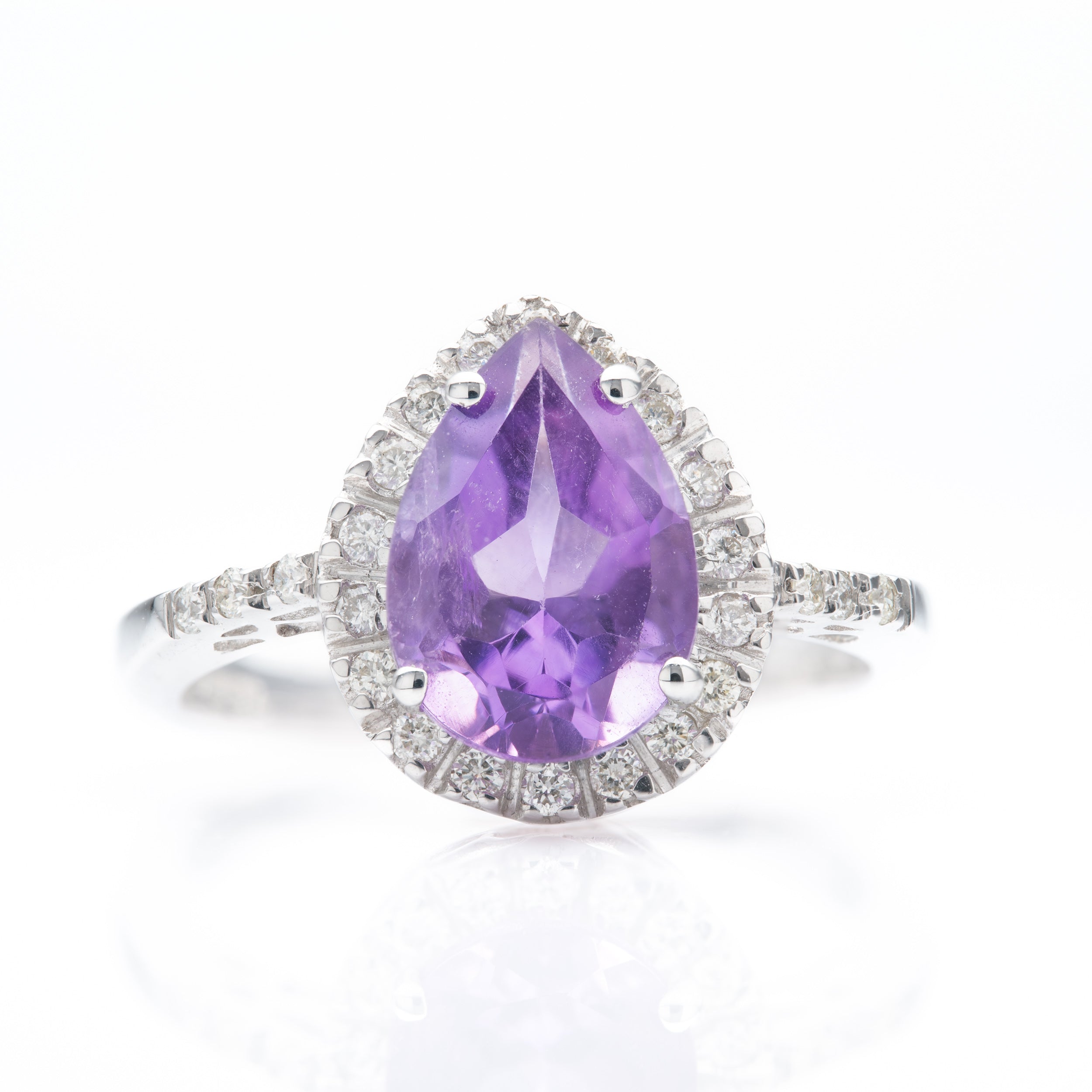 9ct White Gold Pear Cut Amethyst & Brilliant Cut Diamond Halo Cluster Ring