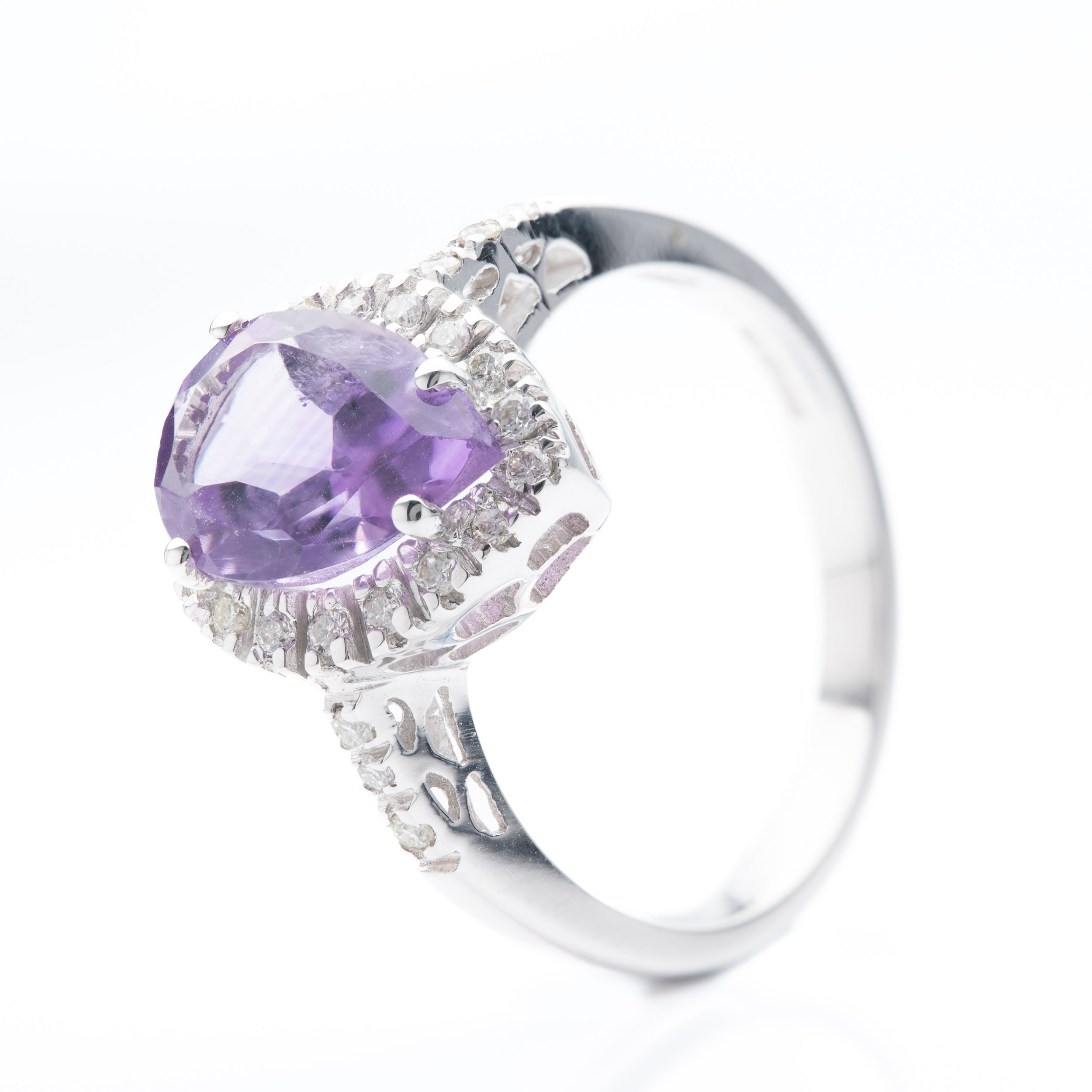 9ct White Gold Pear Cut Amethyst & Brilliant Cut Diamond Halo Cluster Ring