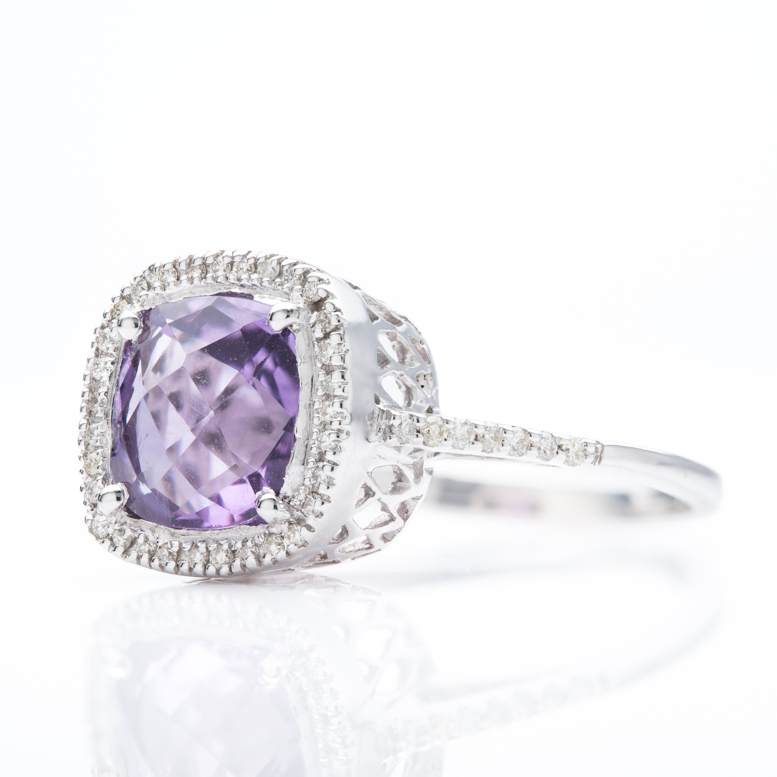 9ct White Gold Cushion Cut Amethyst & Round Brilliant Cut Diamond Cluster Ring