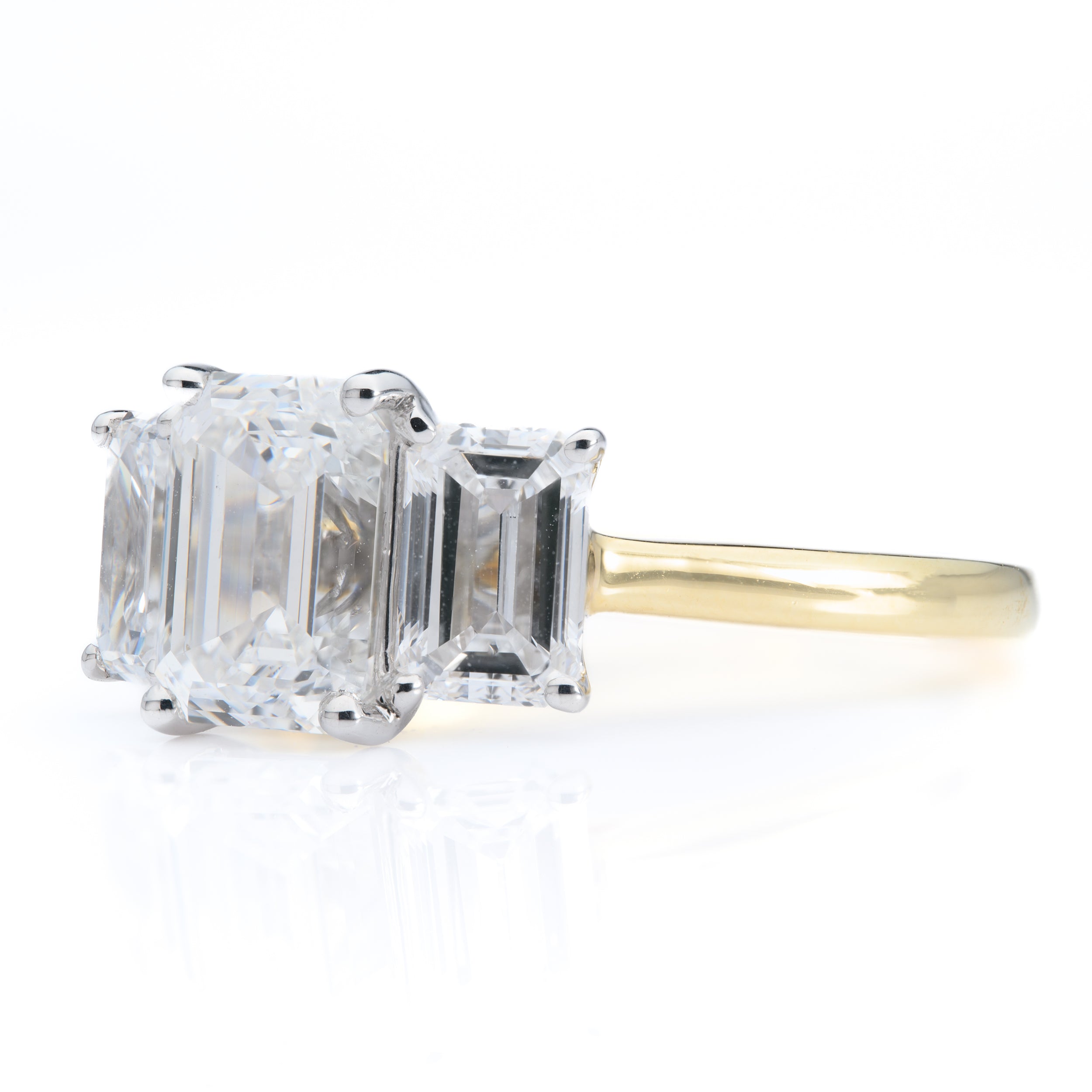 18ct Yellow Gold IGI Certified Emerald Cut Lab Grown Diamond Trilogy Ring
