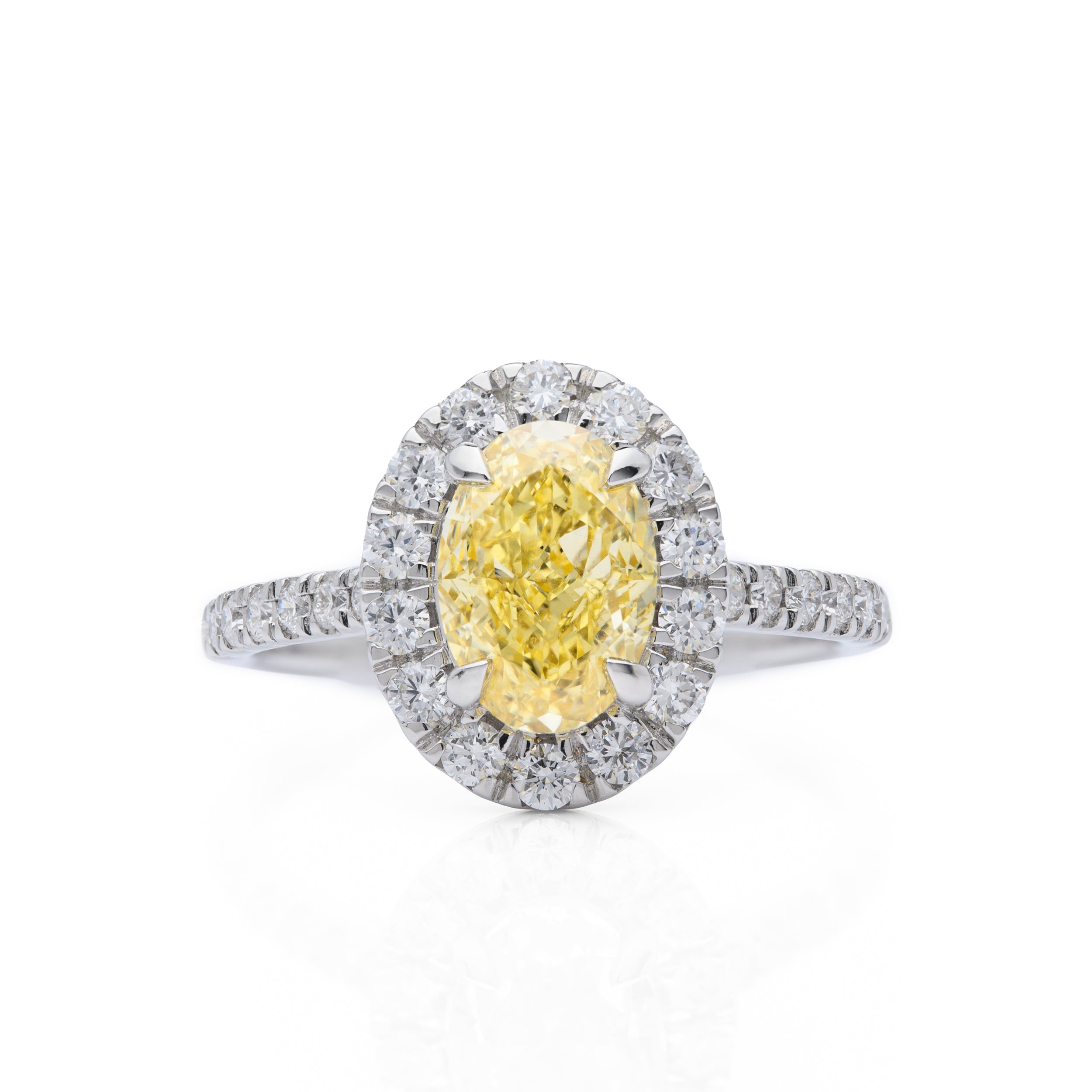 18ct White Gold Oval Cut Yellow Lab Grown Diamond and Halo Cluster Lab Grown Diamond Ring
