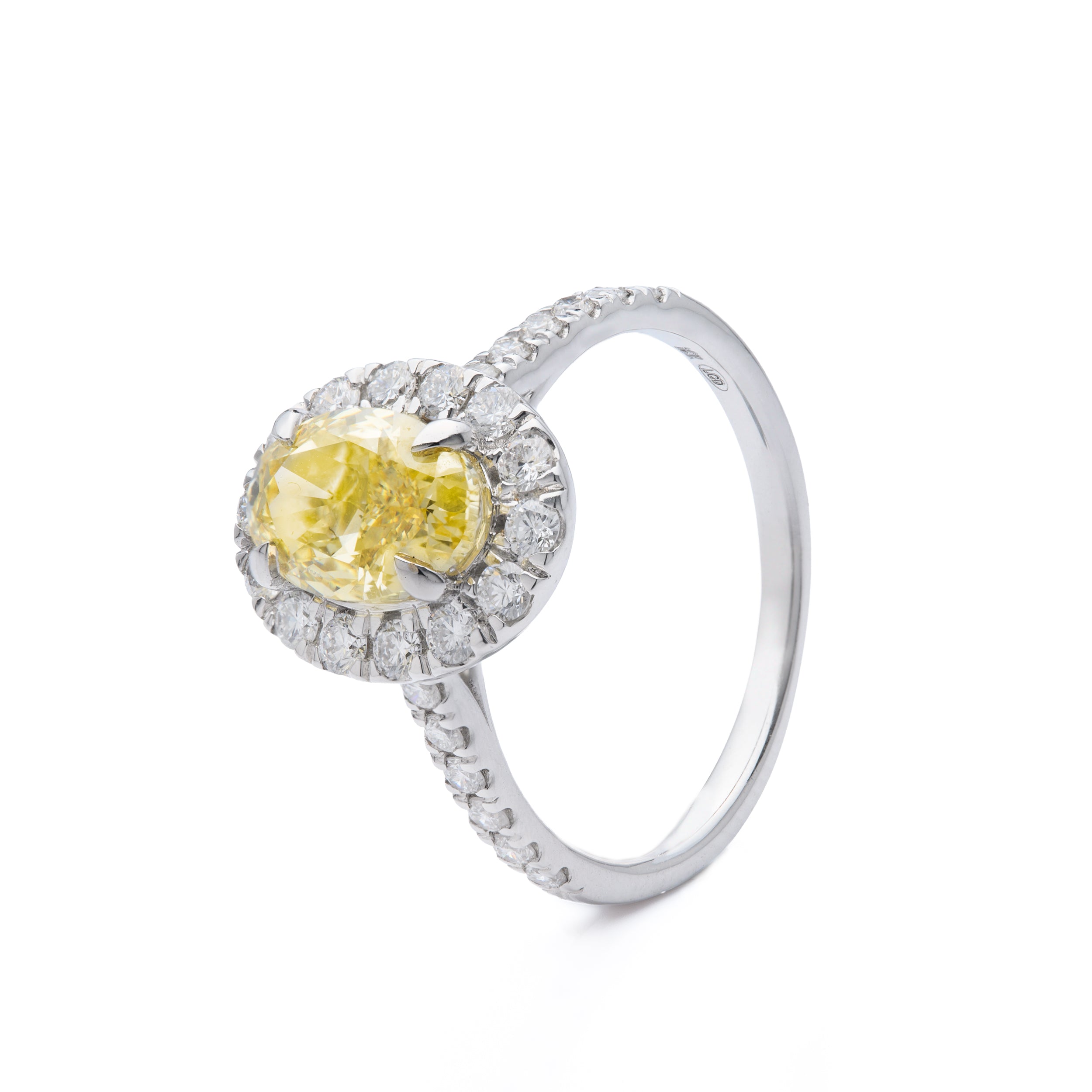 18ct White Gold Oval Cut Yellow Lab Grown Diamond and Halo Cluster Lab Grown Diamond Ring