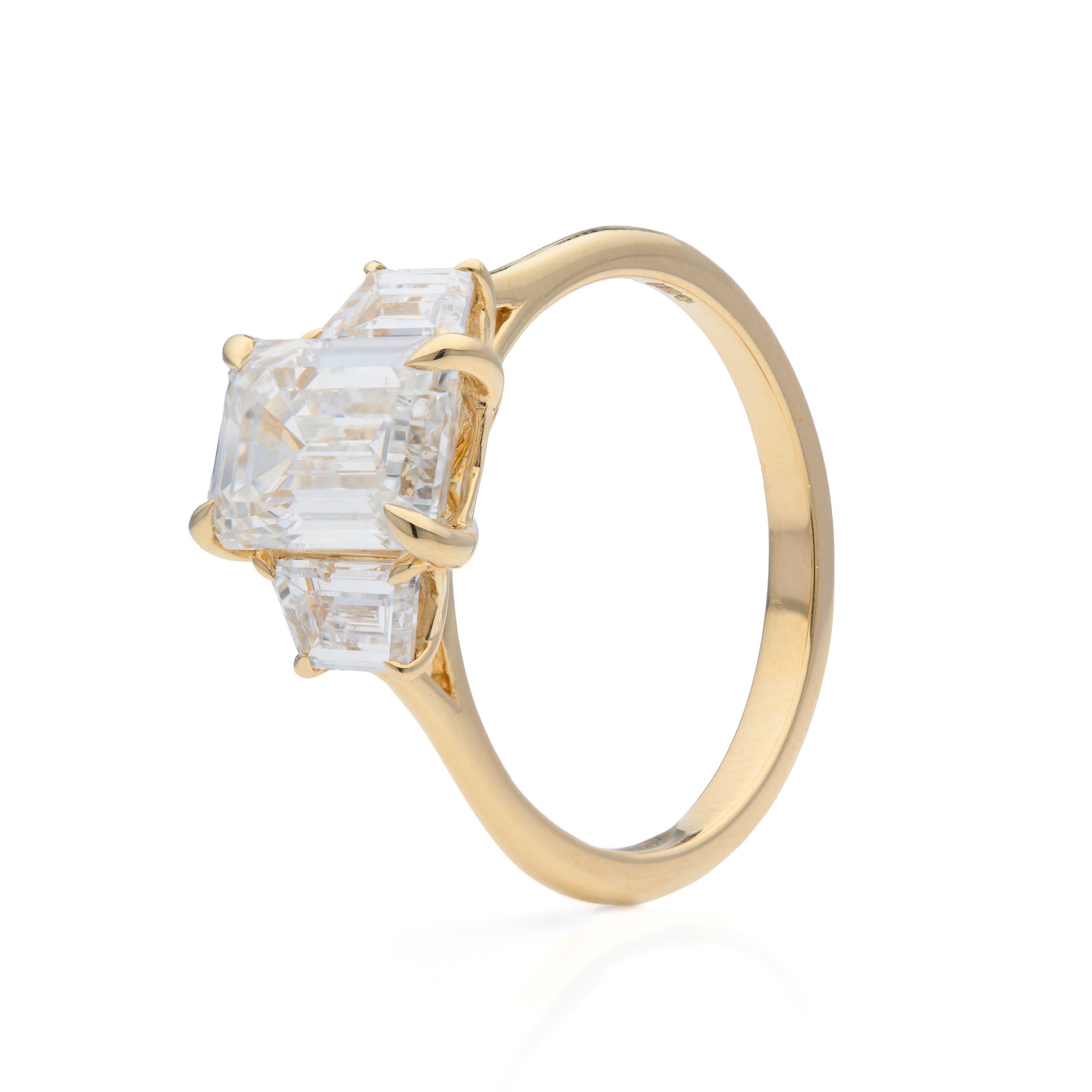 18ct Yellow Gold Emerald Cut Lab Grown Diamond and Trapezoid Cut Lab Grown Diamond Trilogy Ring