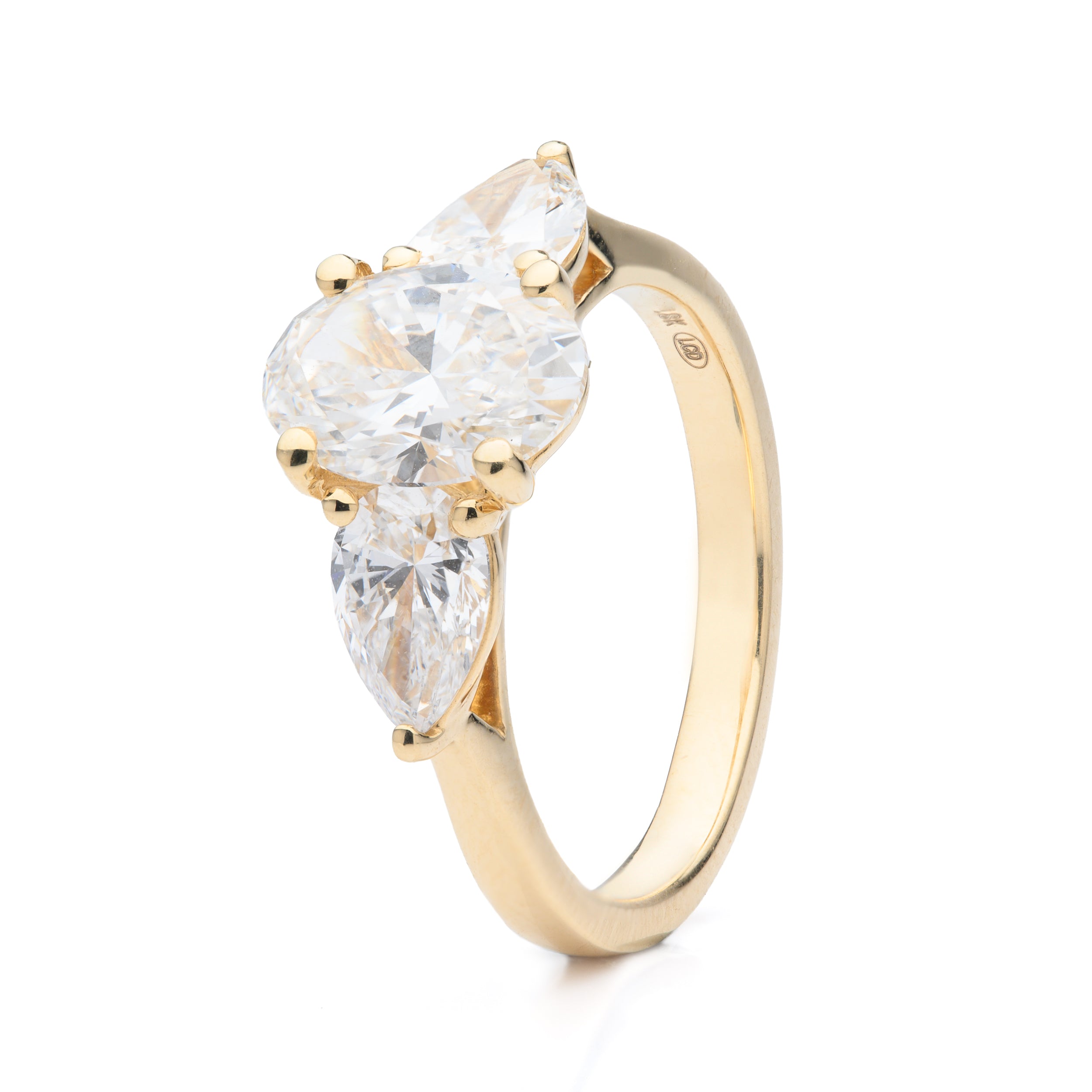 18ct Yellow Gold Oval Cut Lab Grown Diamond and Pear Cut Shoulder Lab Grown Diamond Trilogy Ring
