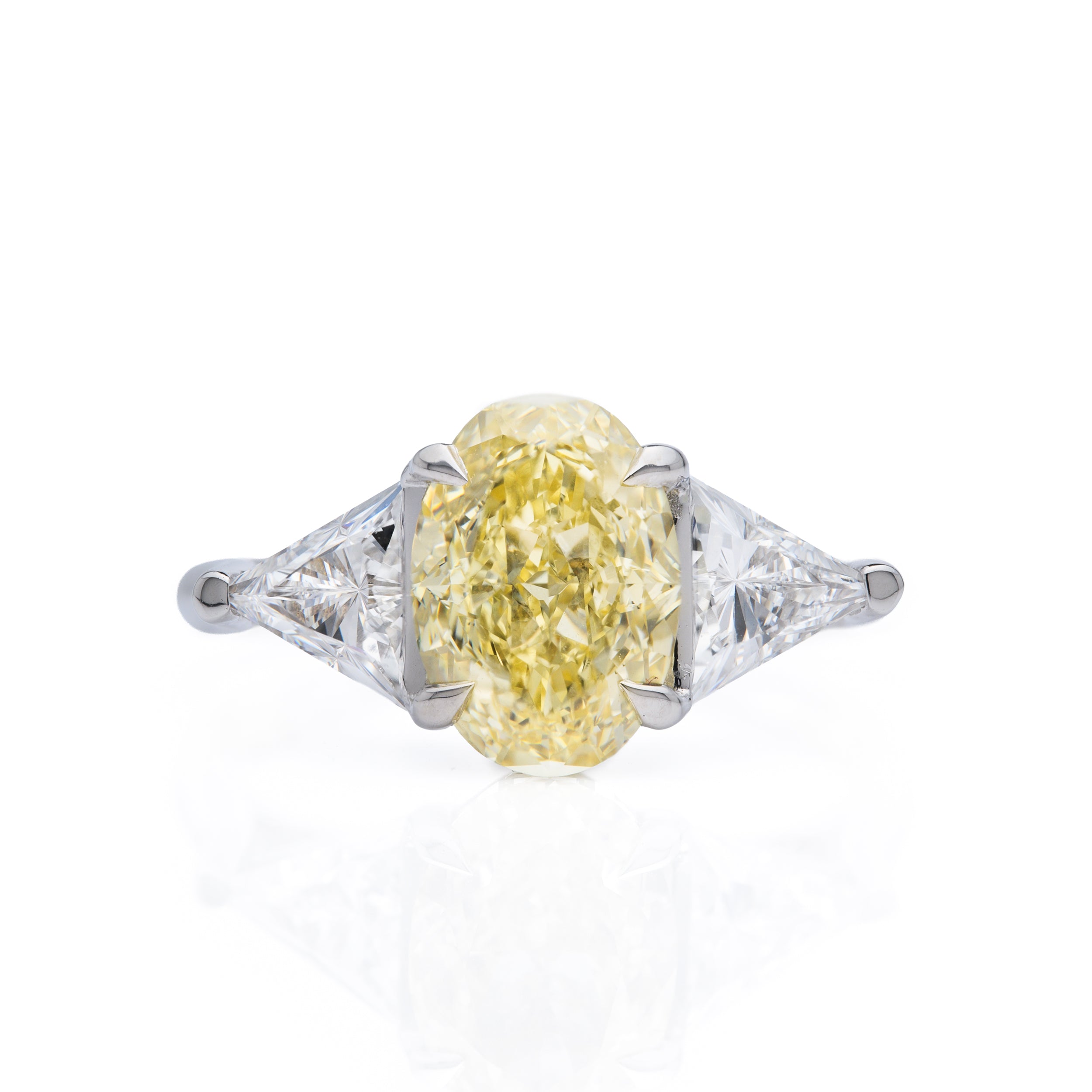 18ct White Gold Oval Cut Yellow Lab Grown Diamond and Trilliant Cut Lab Grown Diamond Shoulder Trilogy Ring