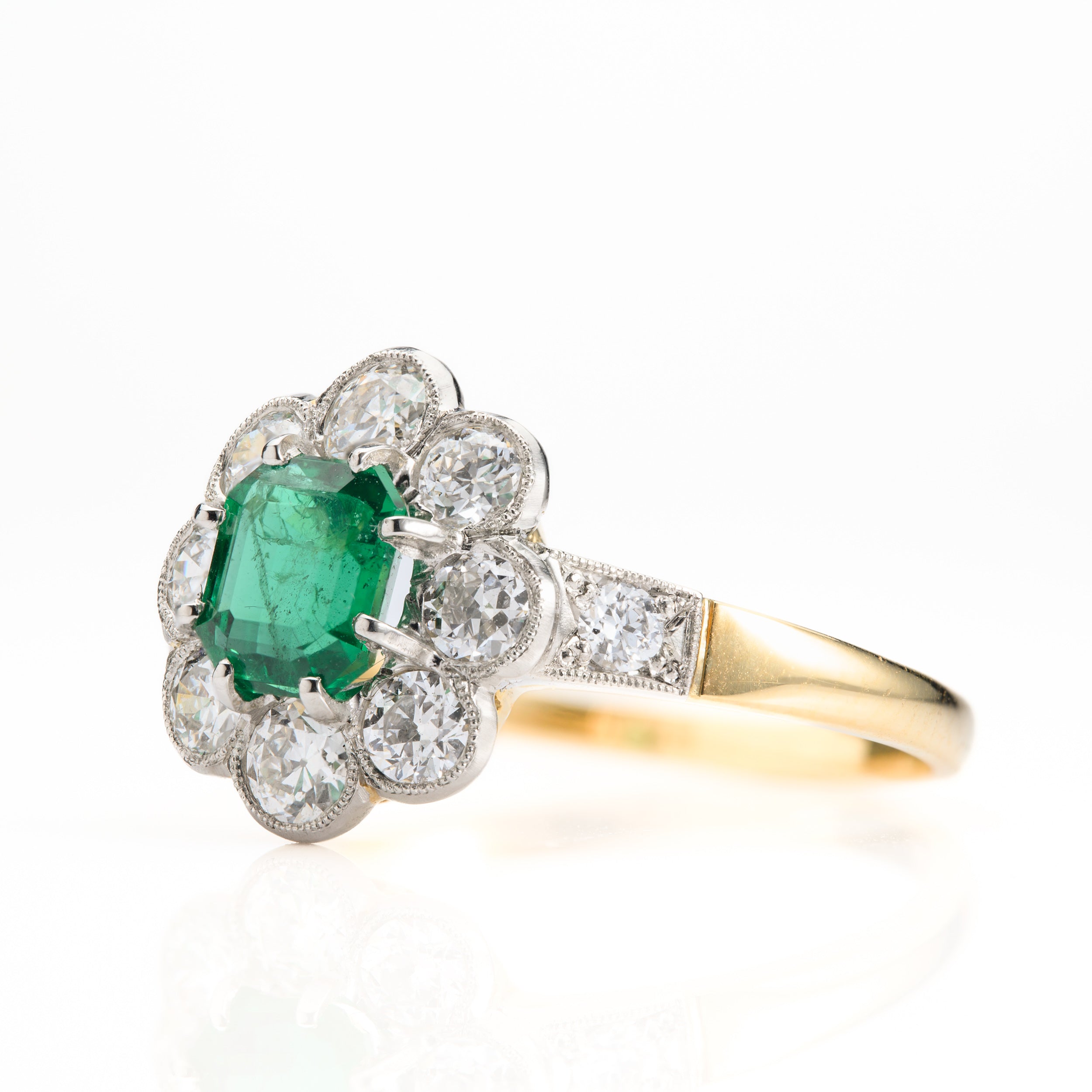 18ct Yellow Gold & Platinum Octagonal Cut Emerald & Round Brilliant Cut Diamond Flower Cluster Ring