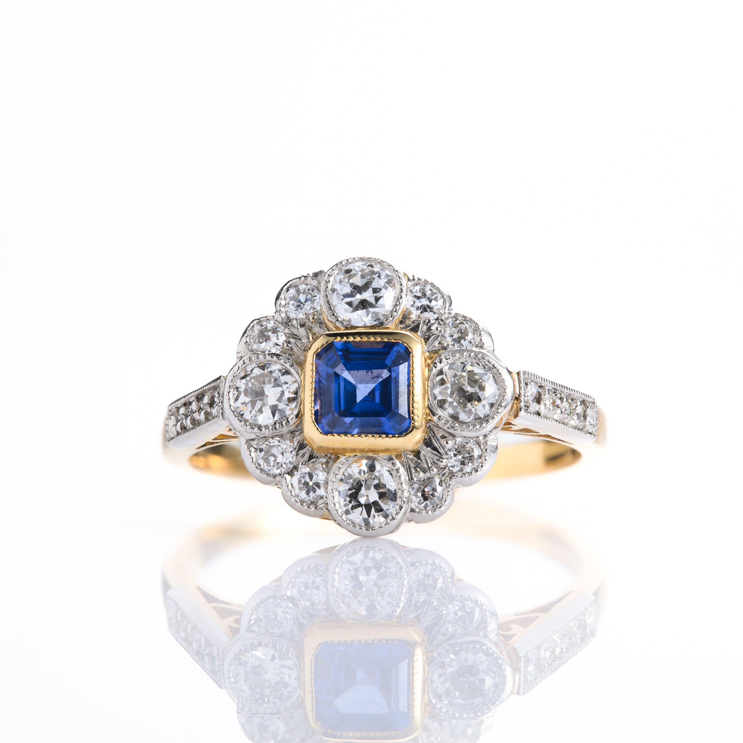 Pre-Owned 18ct Yellow Gold & Platinum Square Cut Sapphire & Round Brilliant Cut Diamond Cluster Ring