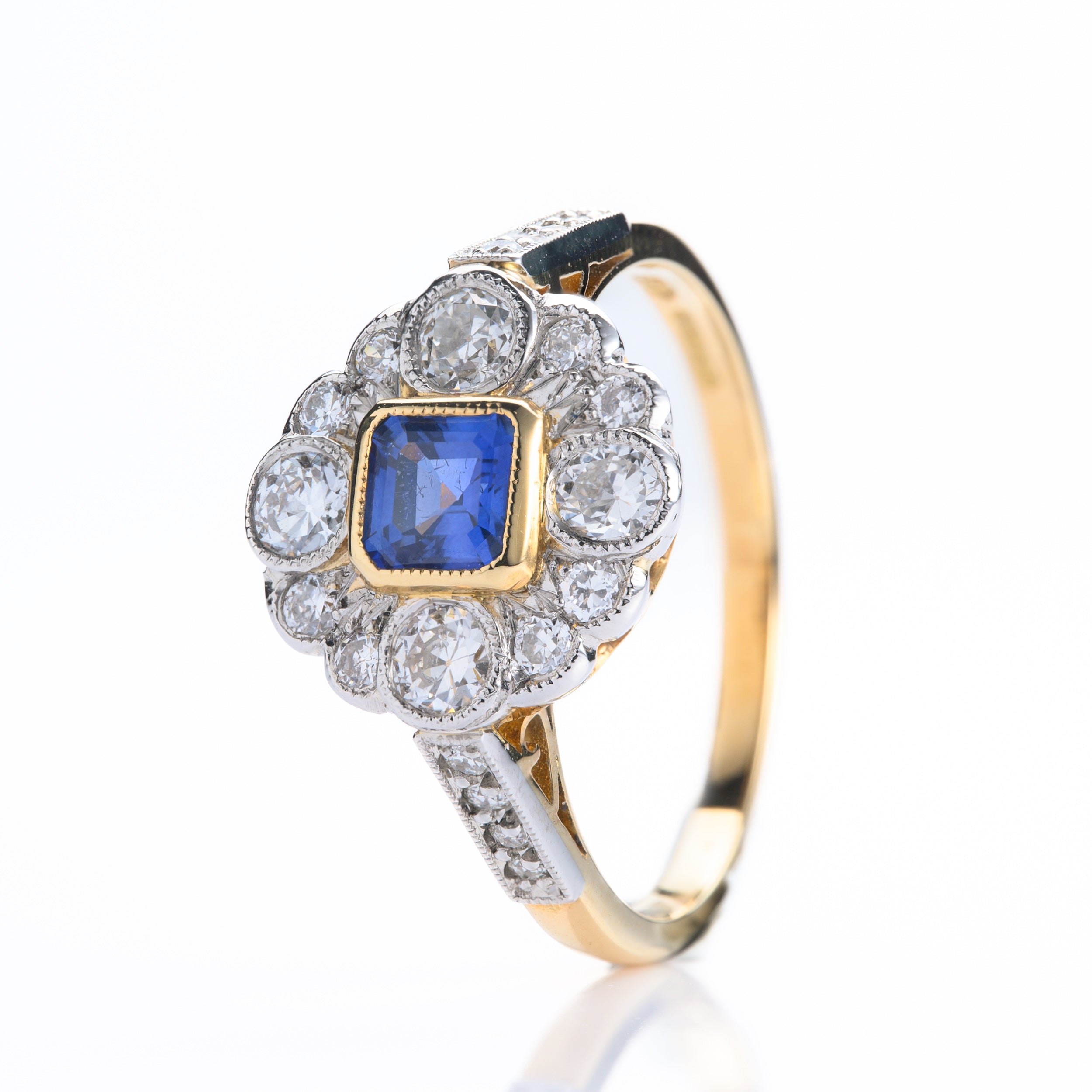 Pre-Owned 18ct Yellow Gold & Platinum Square Cut Sapphire & Round Brilliant Cut Diamond Cluster Ring