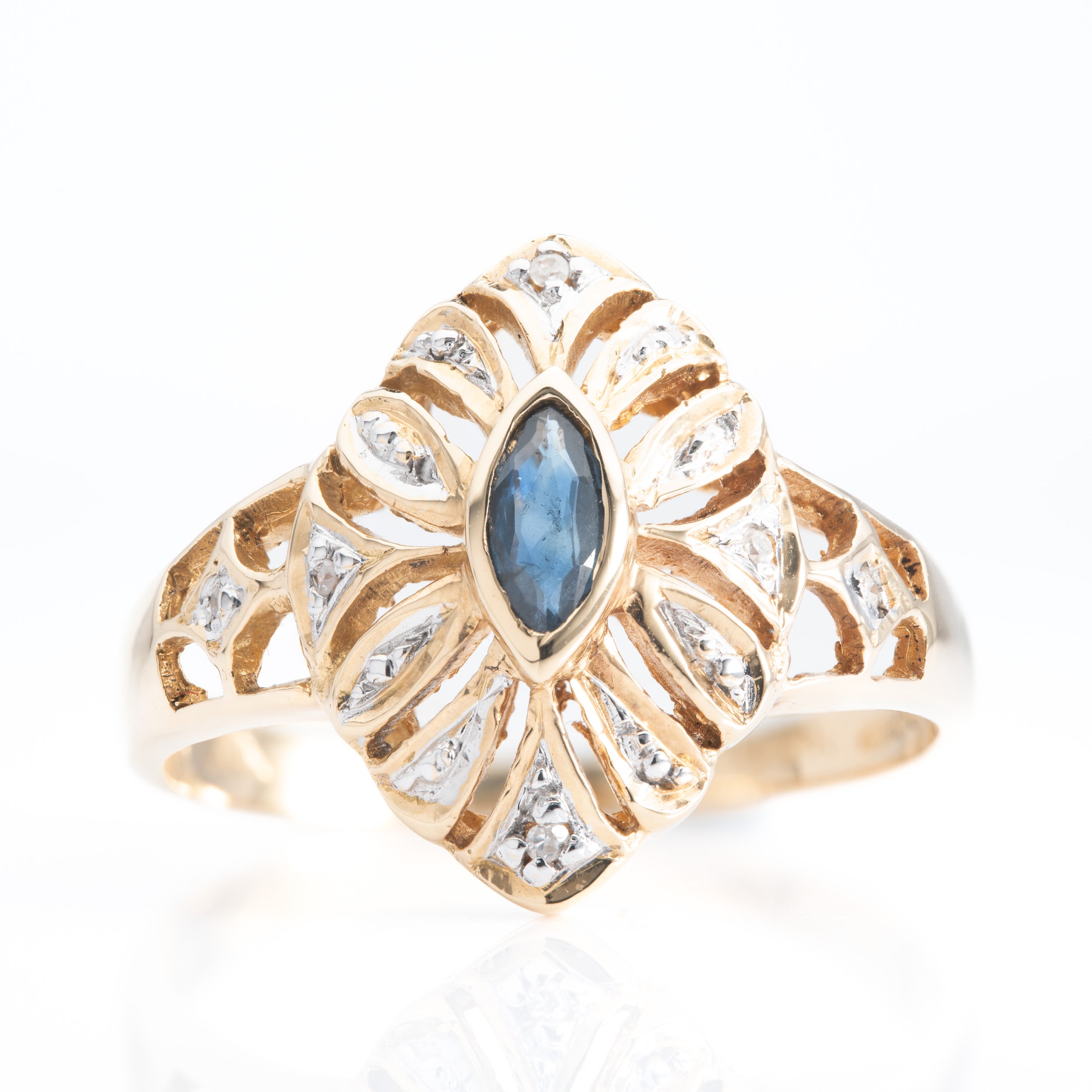 18ct Yellow Gold Marquise Sapphire and Diamond Dress Ring
