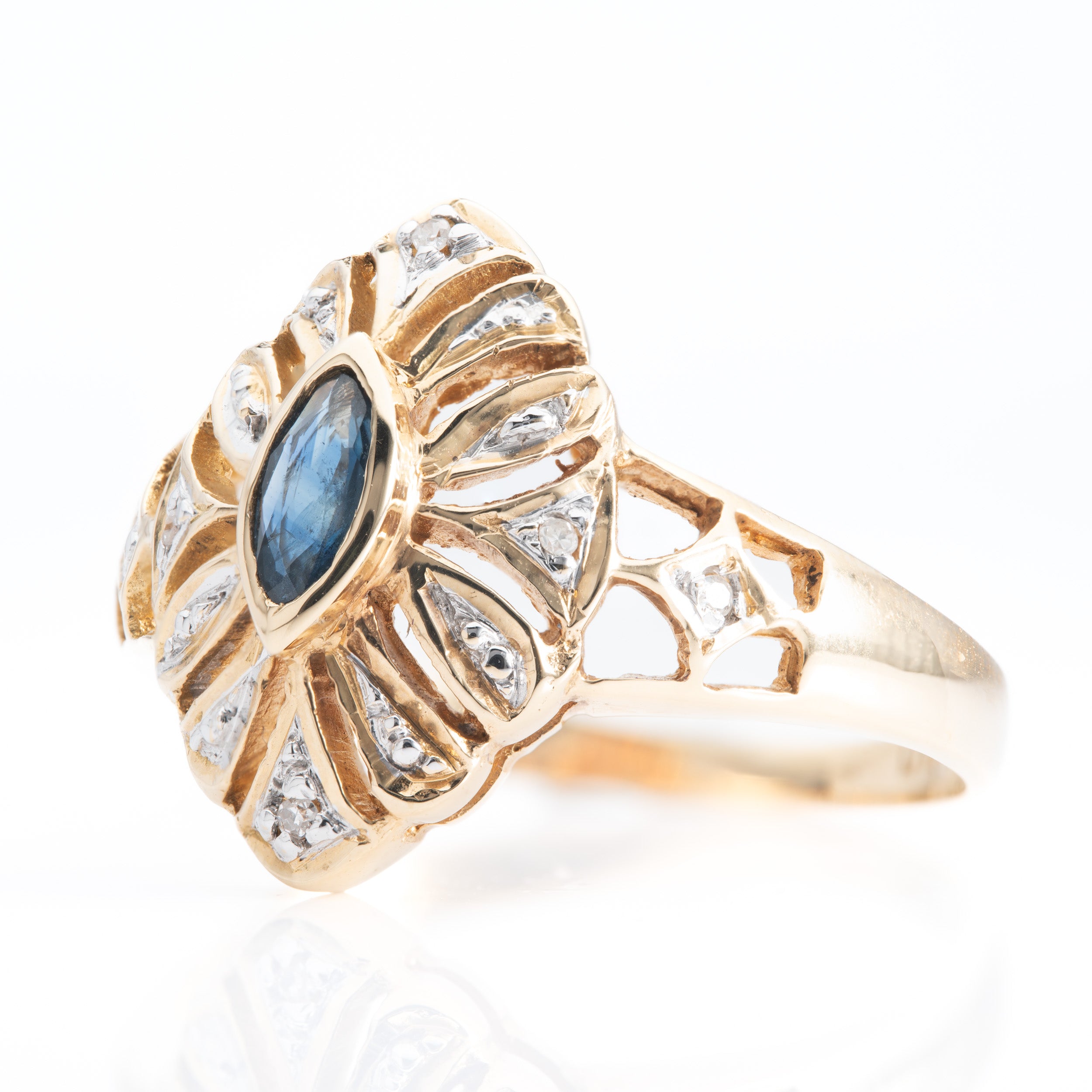 18ct Yellow Gold Marquise Sapphire and Diamond Dress Ring