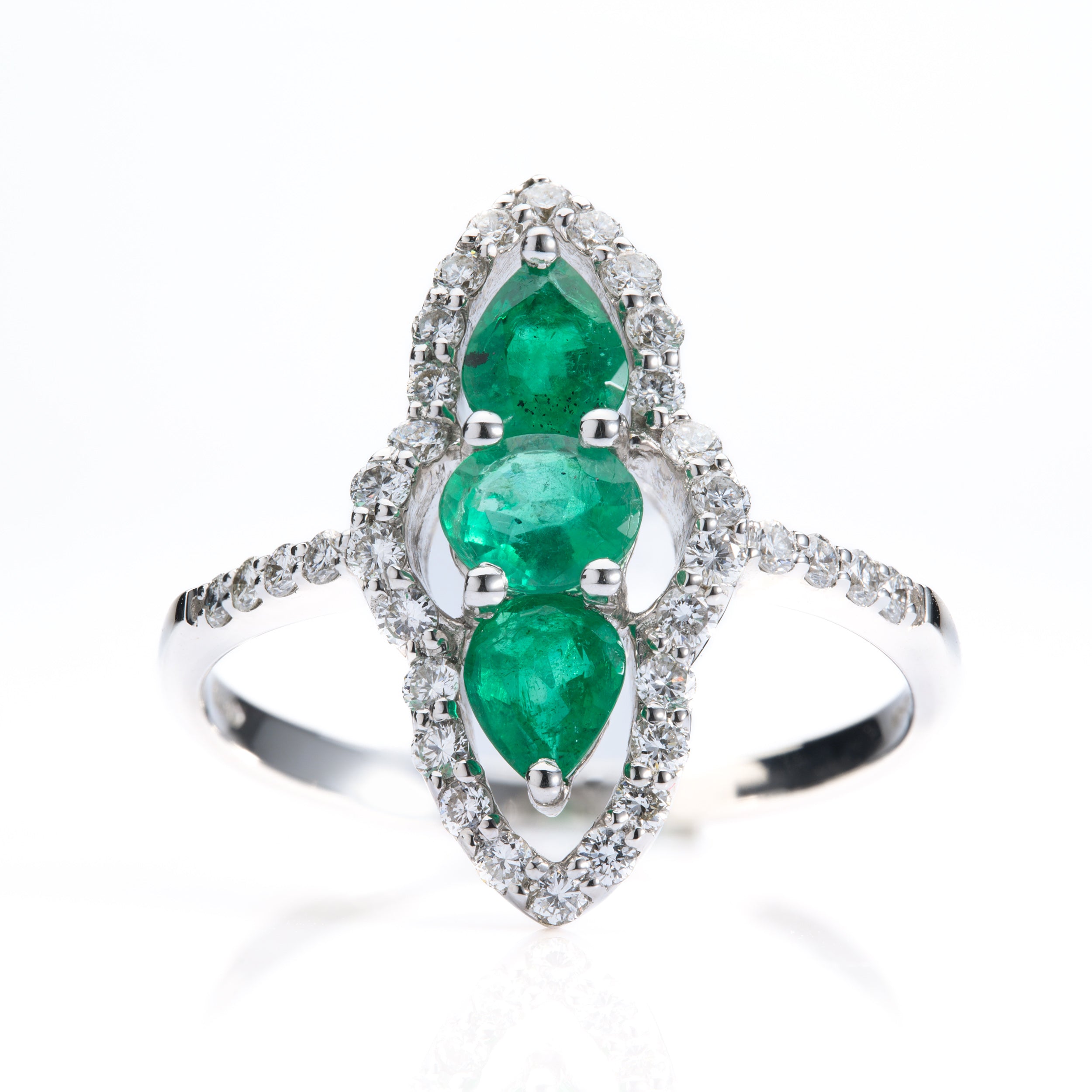 18ct White Gold Marquise Shaped Emerald & Diamond Triple Halo ring