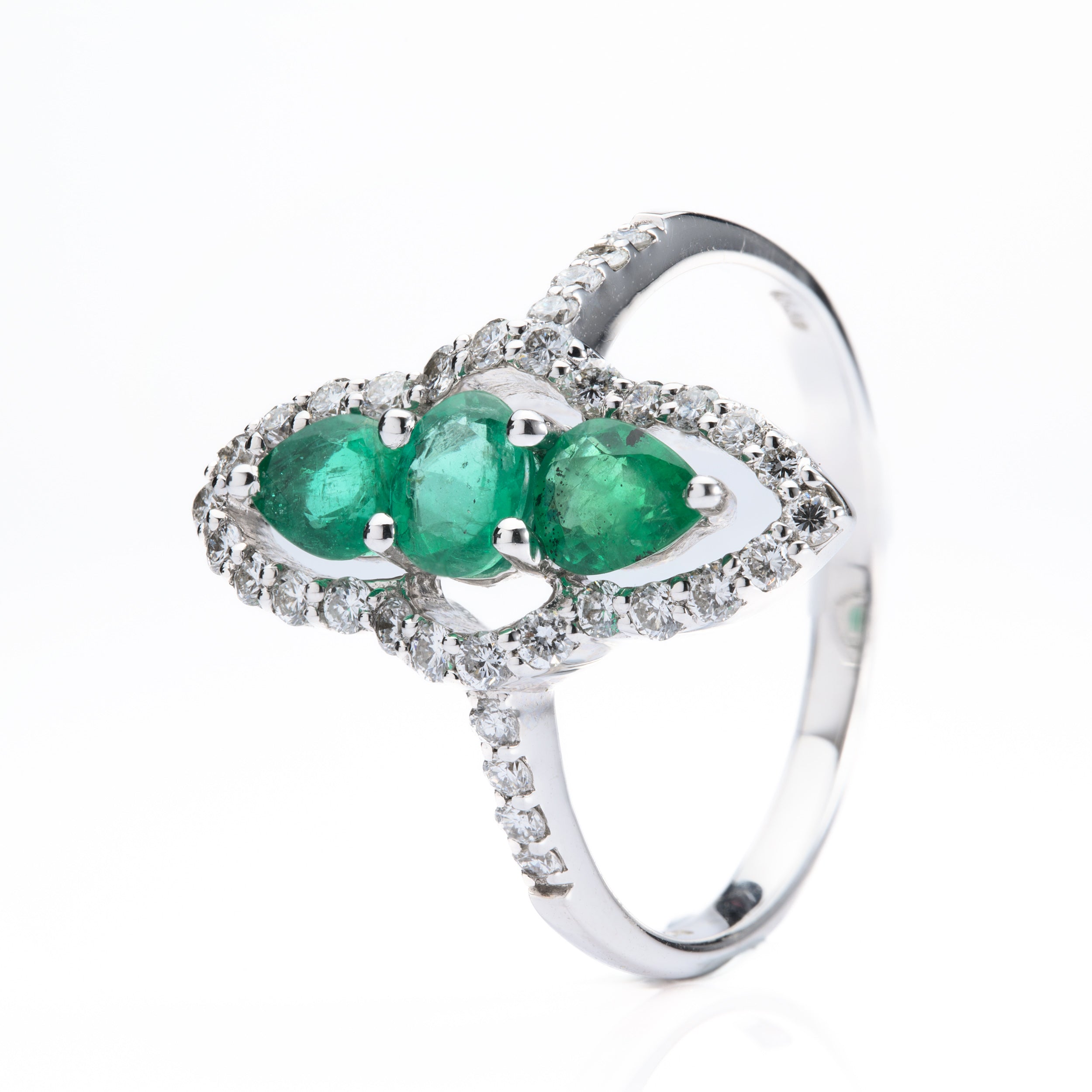 18ct White Gold Marquise Shaped Emerald & Diamond Triple Halo ring