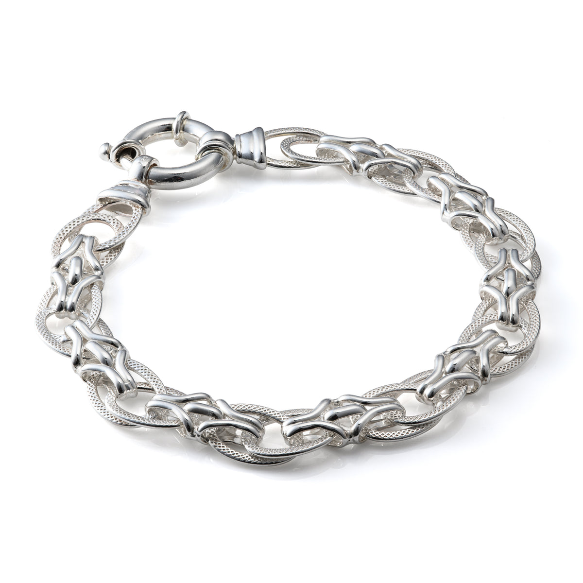 Sterling Silver 10mm Double Oval Textured Link 8" Bracelet with Señorita Clasp