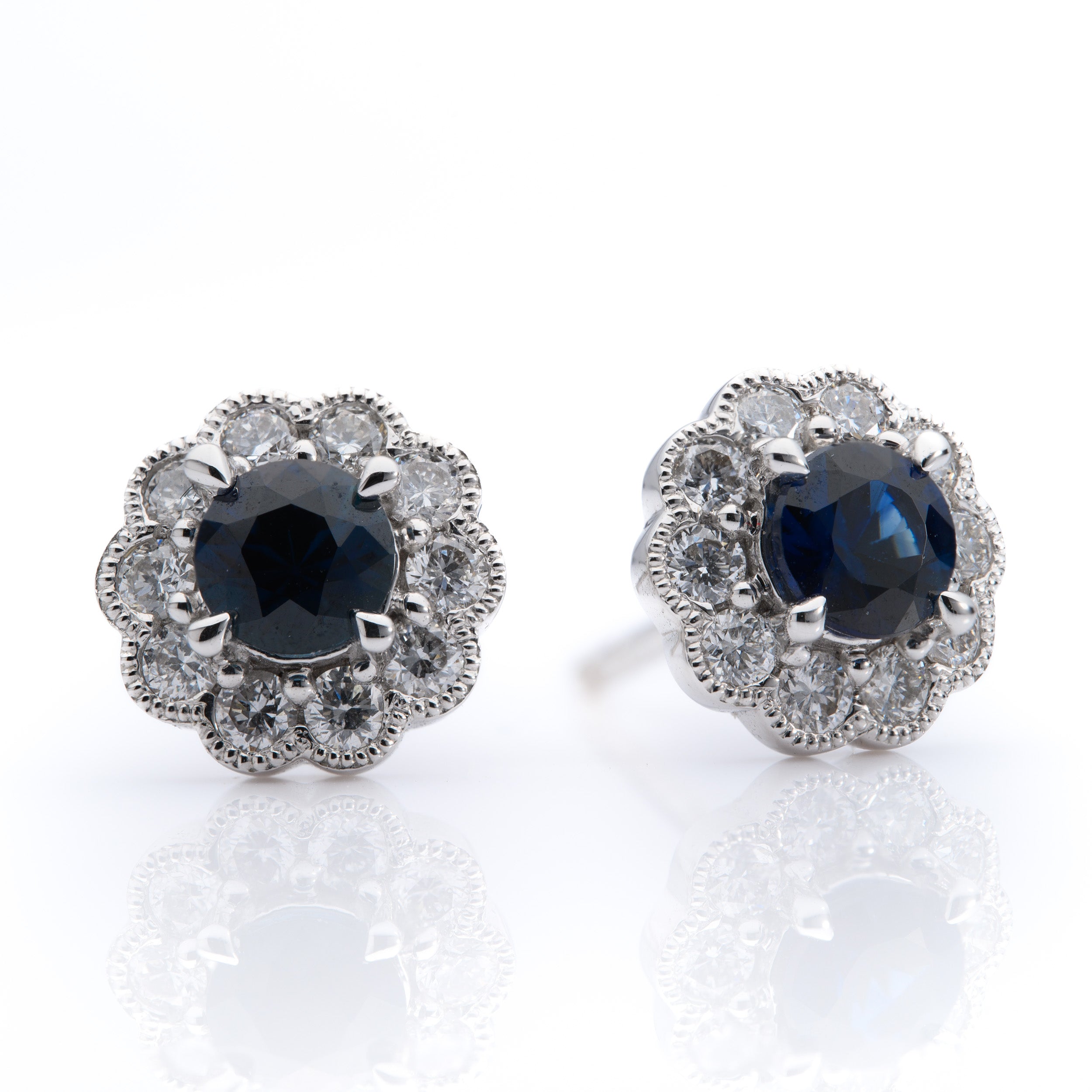 18ct White Gold Round Cut Sapphire and Brilliant Cut Diamond Stud Earrings