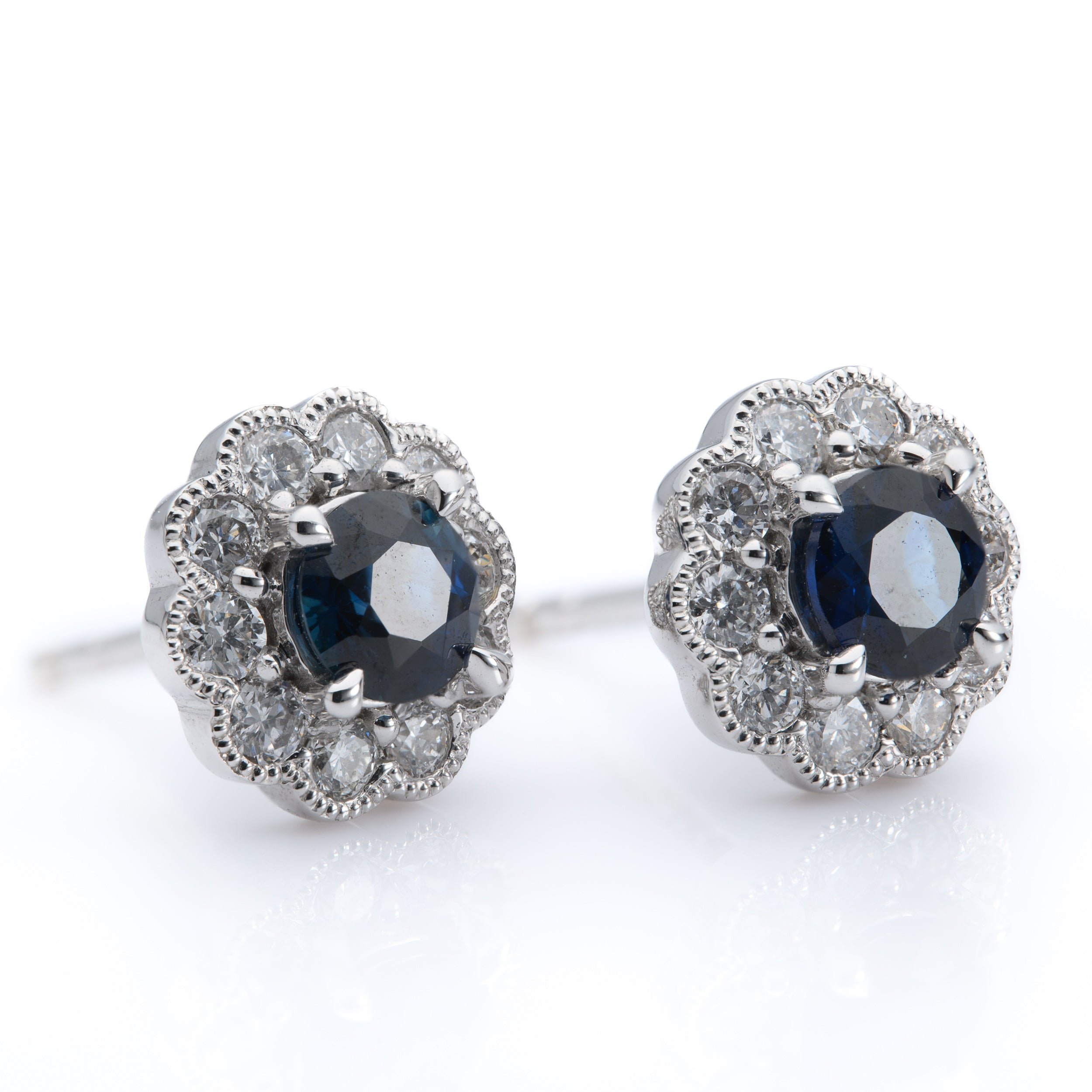 18ct White Gold Round Cut Sapphire and Brilliant Cut Diamond Stud Earrings
