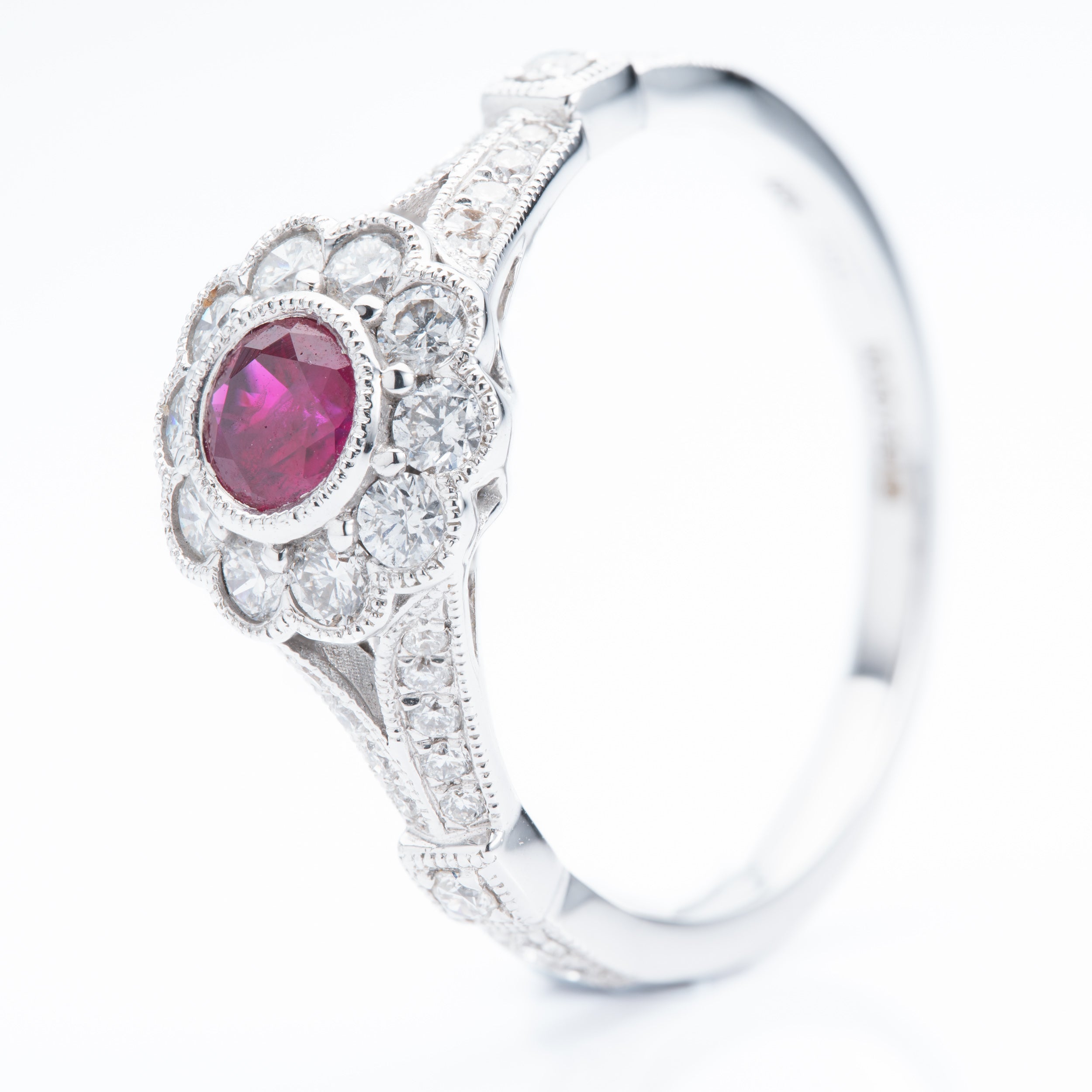 18ct White Gold Round Cut Ruby & Round Brilliant Cut Diamond Flower Cluster Ring
