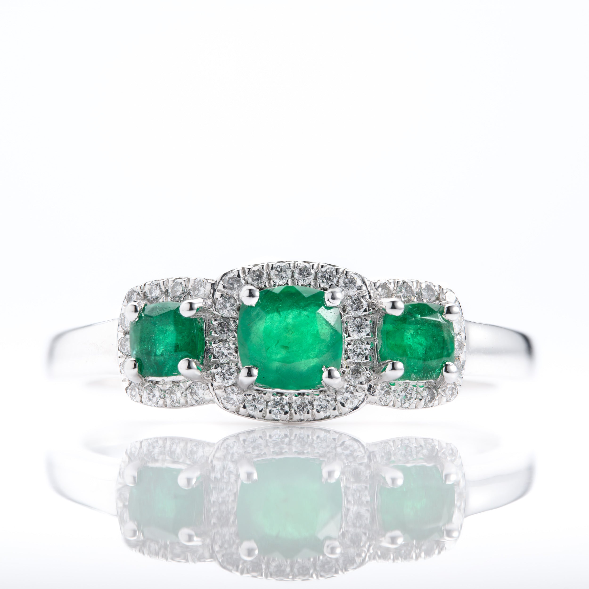 Platinum Cushion Cut Emerald & Round Brilliant Cut Diamond Triple Halo Cluster Ring