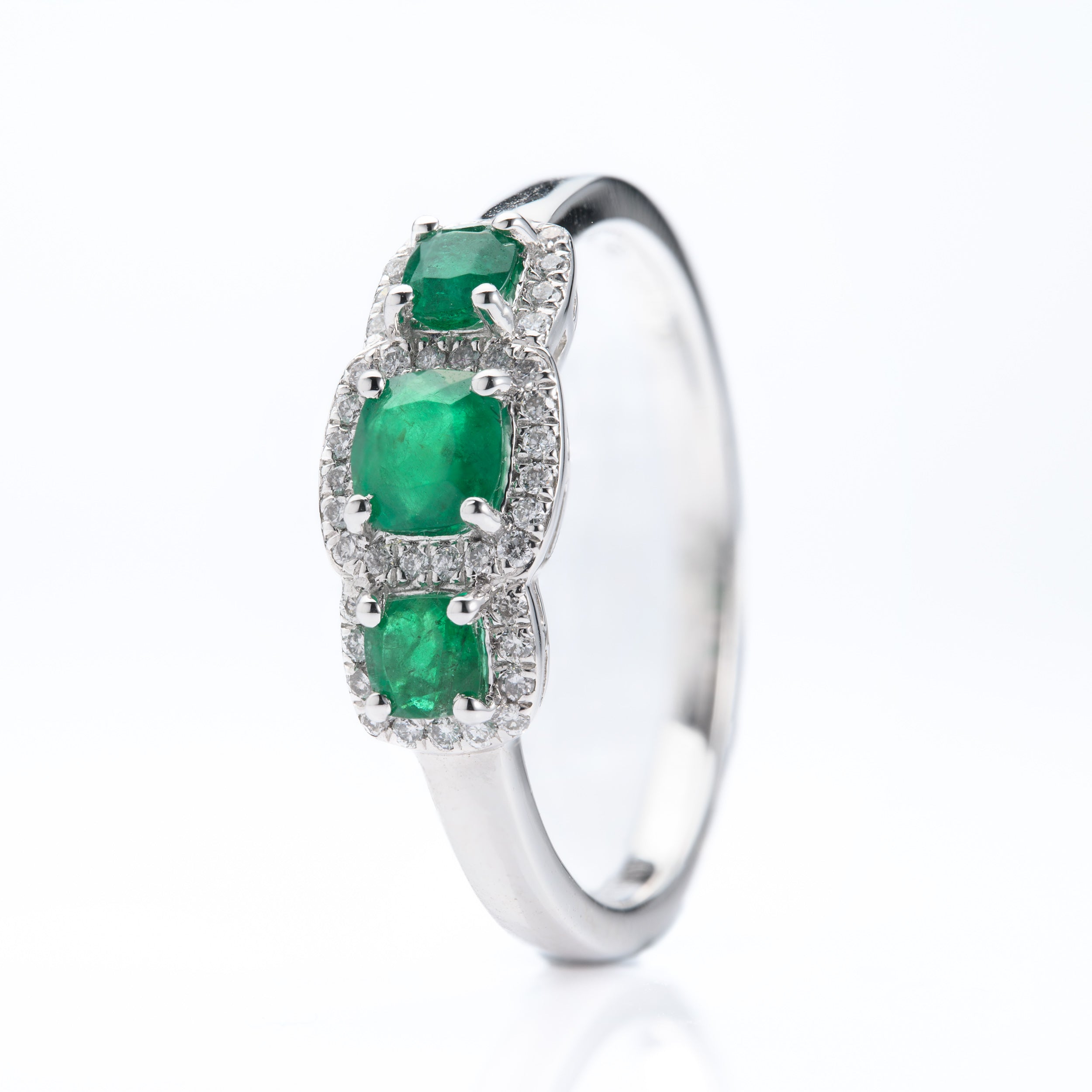 Platinum Cushion Cut Emerald & Round Brilliant Cut Diamond Triple Halo Cluster Ring