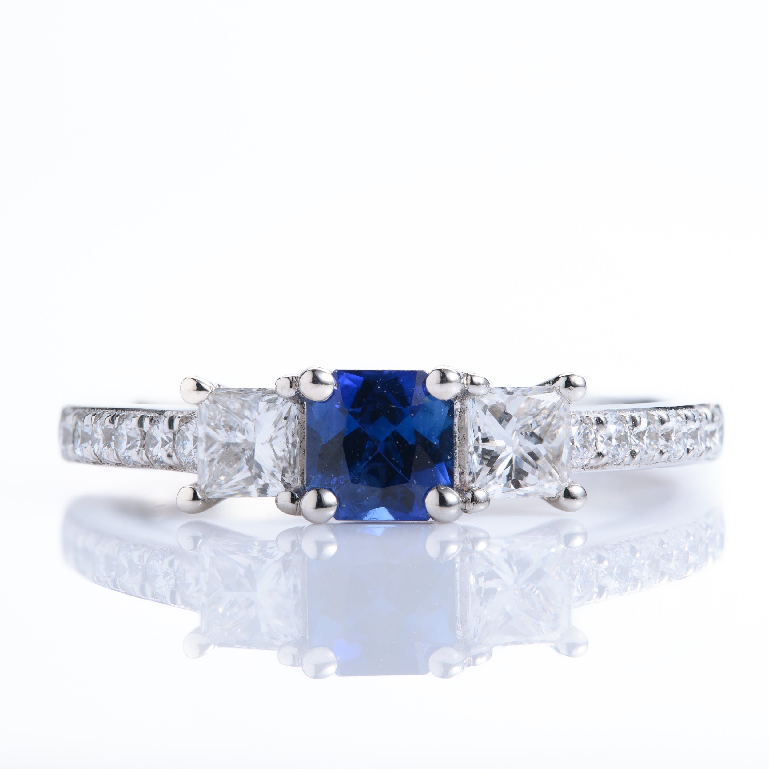 Platinum Princess Cut Sapphire & Diamond Trilogy Ring