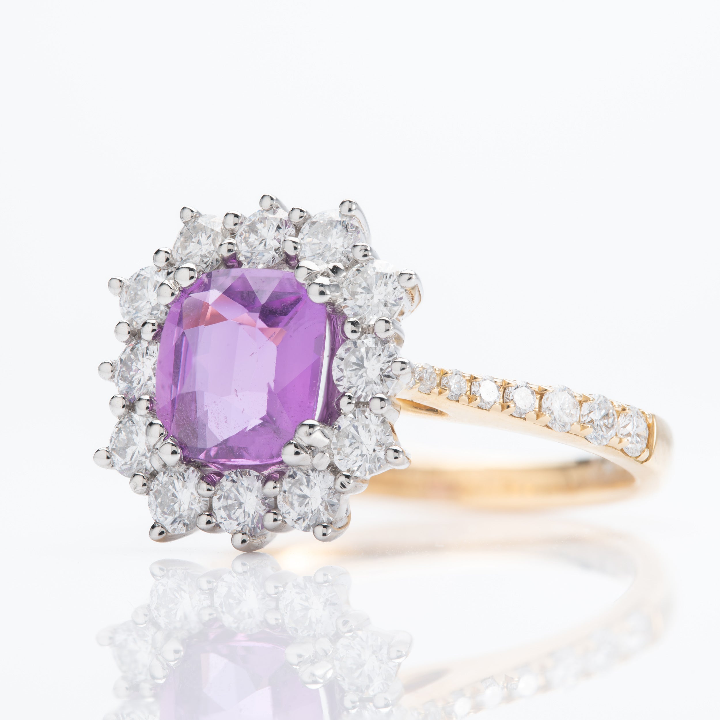18ct Yellow Gold & Platinum Cushion Cut Purple Sapphire & Diamond Halo Cluster Ring