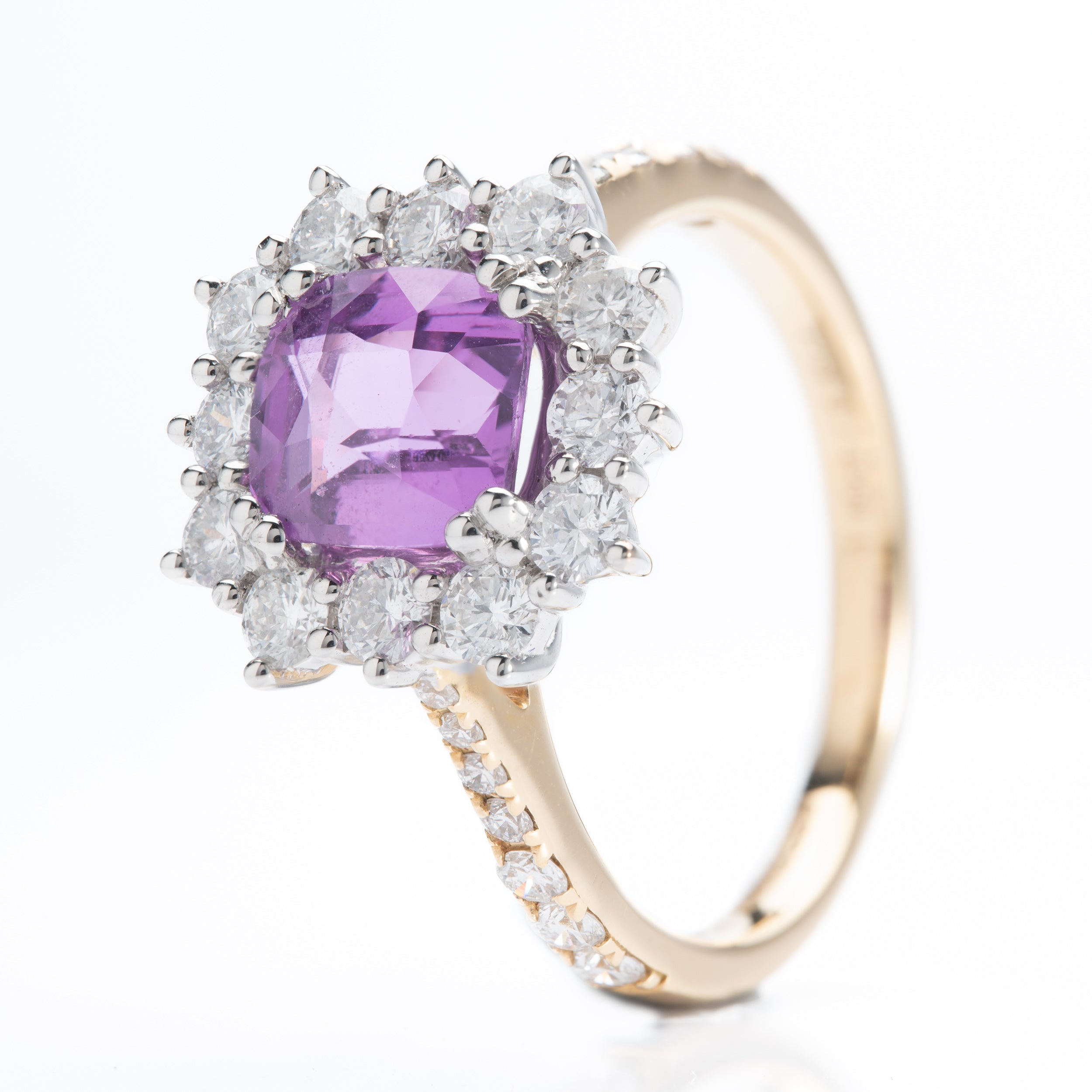 18ct Yellow Gold & Platinum Cushion Cut Purple Sapphire & Diamond Halo Cluster Ring