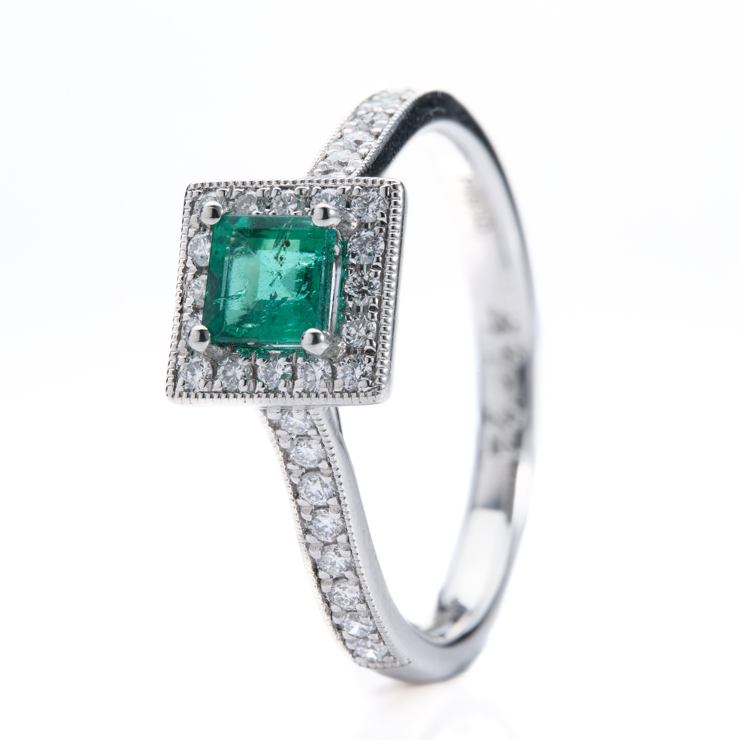 Platinum Princess Cut Emerald & Round Brilliant Cut Diamond Halo Cluster Ring with Diamond Shoulders