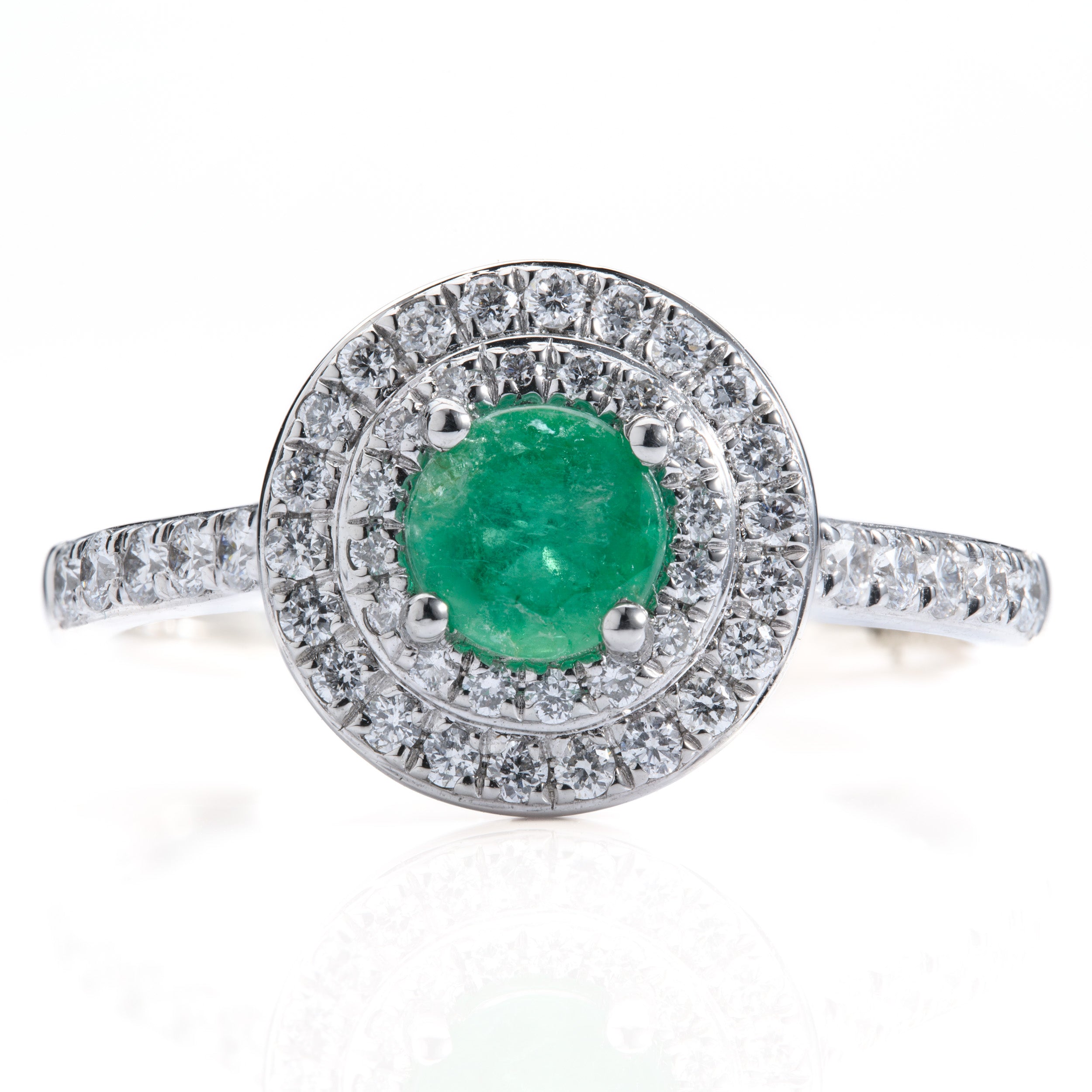 Platinum Round Cut Emerald & Round Brilliant Cut Diamond Double Halo Cluster Ring