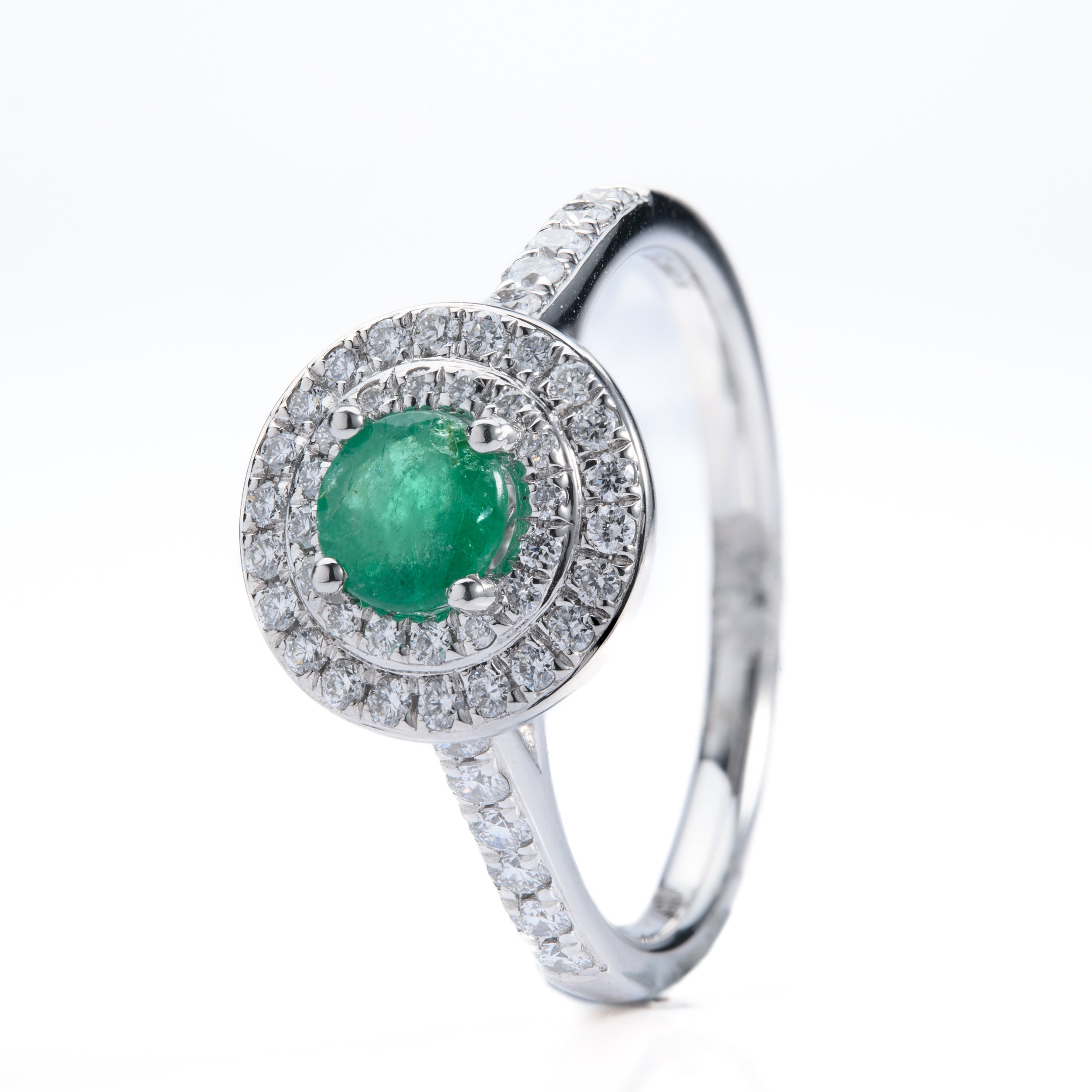 Platinum Round Cut Emerald & Round Brilliant Cut Diamond Double Halo Cluster Ring