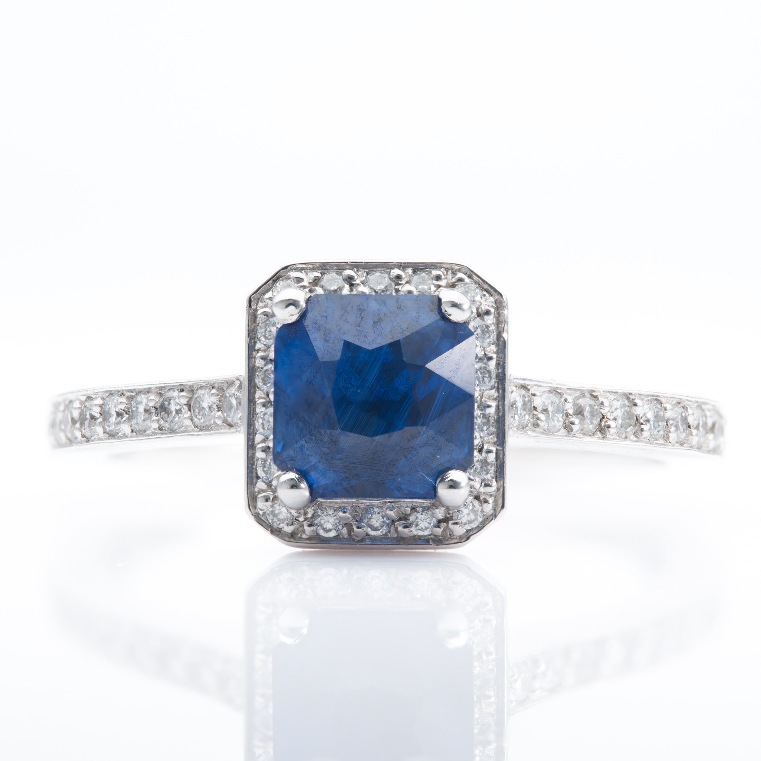 Platinum Cushion Cut Sapphire & Brilliant Cut Diamond Halo Ring