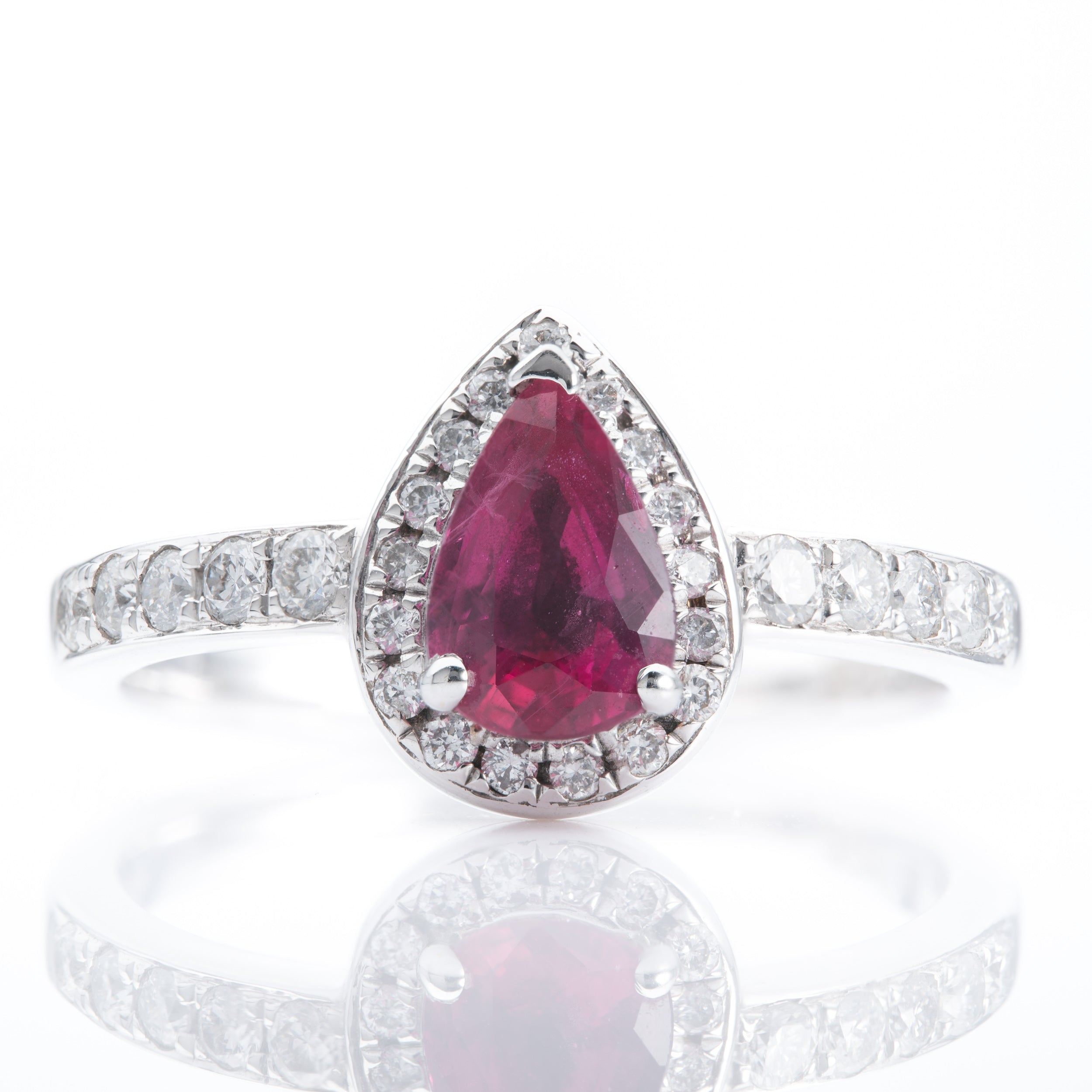 18ct White Gold Pear Cut Ruby & Diamond Halo Cluster Ring