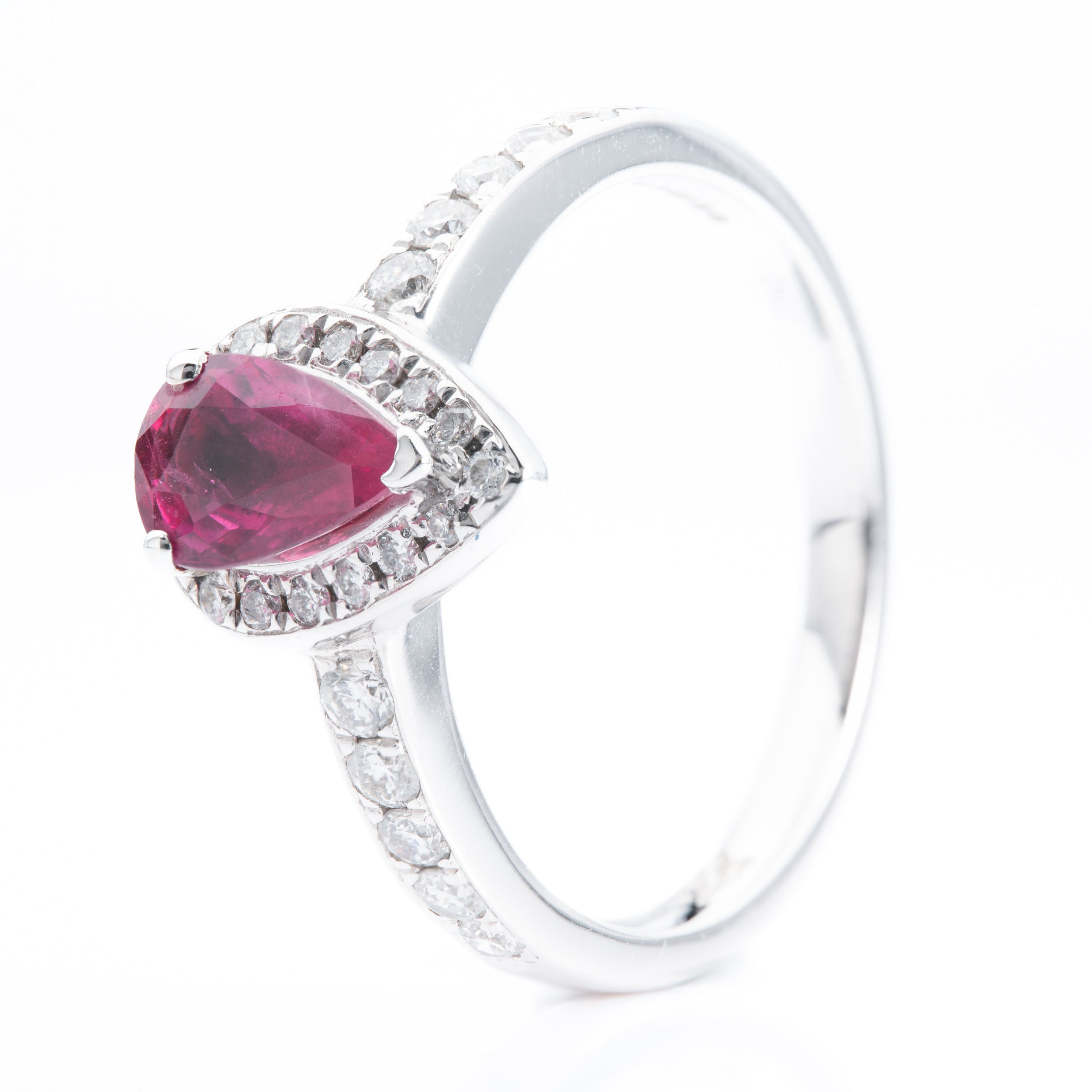 18ct White Gold Pear Cut Ruby & Diamond Halo Cluster Ring