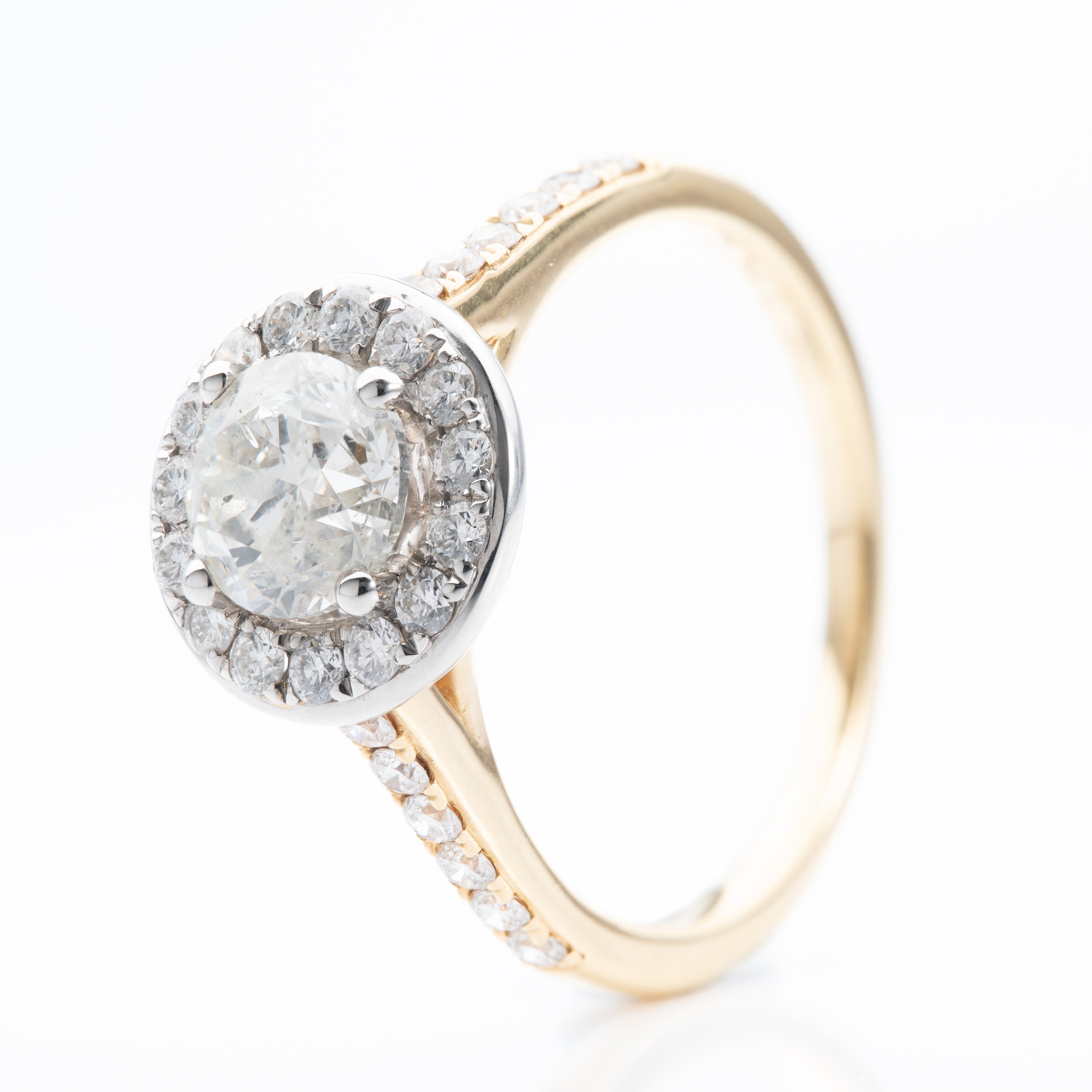 18ct Yellow & White 1.01ct Certificated Round Brilliant cut Diamond Halo Cluster Ring