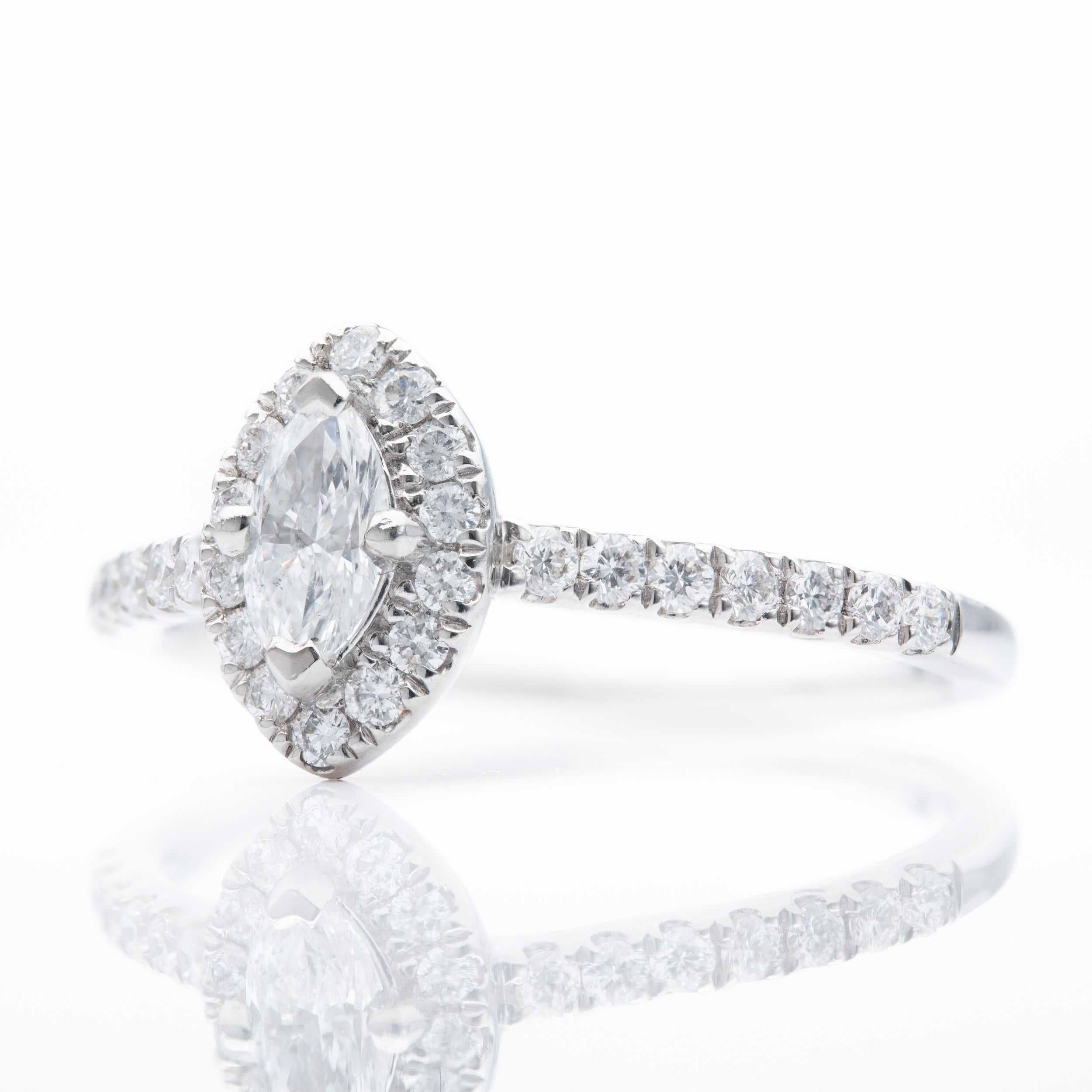 Platinum 0.24ct F SI1 Marquise Cut Diamond Halo Cluster Ring