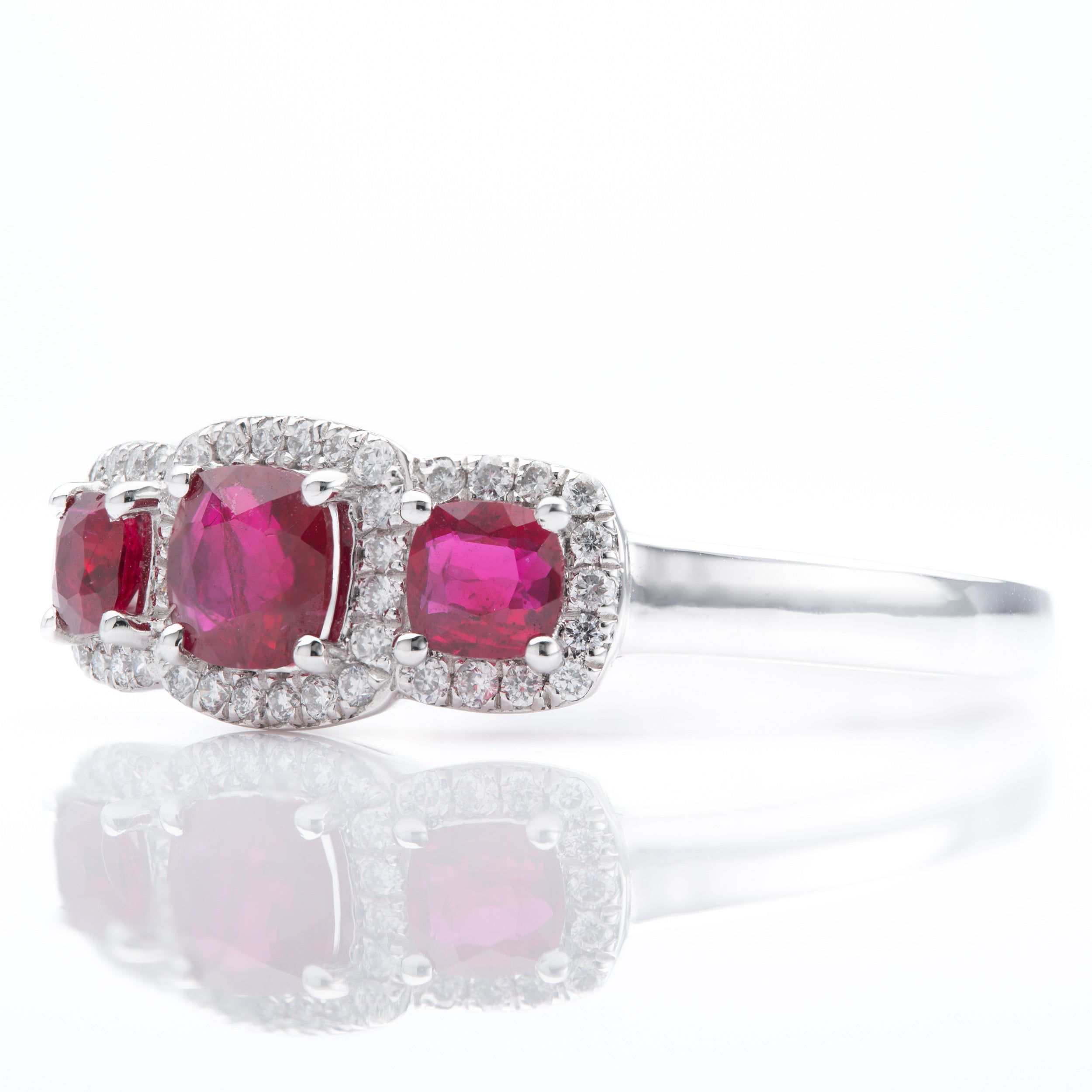 Platinum Cushion Cut Ruby & Brilliant Cut Diamond Triple Cluster Ring