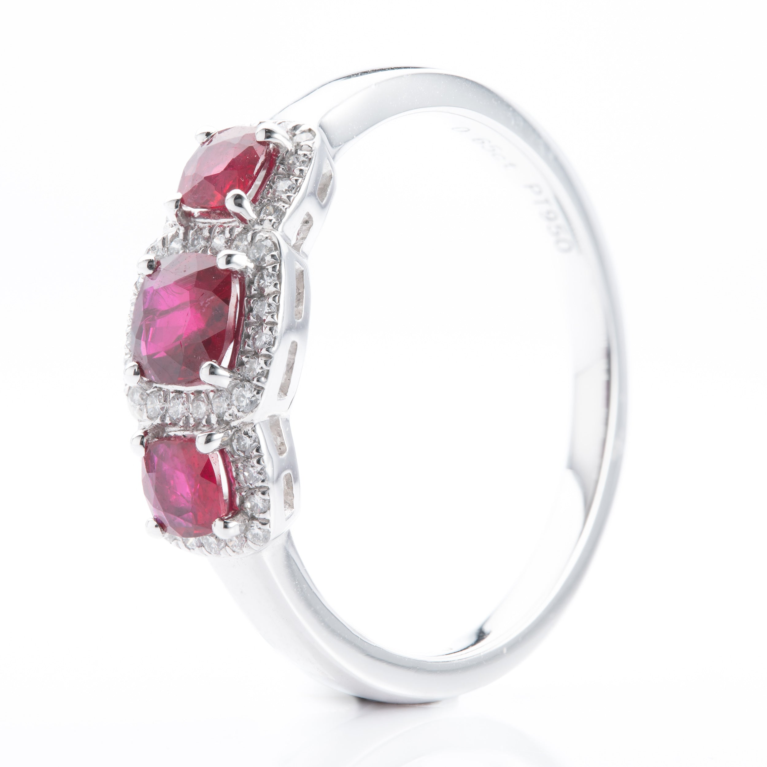 Platinum Cushion Cut Ruby & Brilliant Cut Diamond Triple Cluster Ring