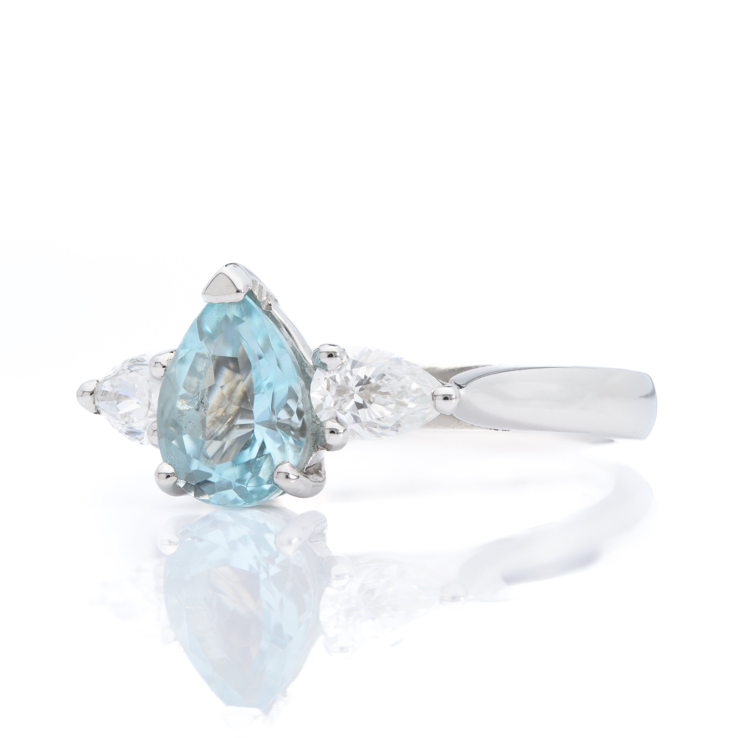 Platinum Pear Cut Aquamarine and Pear Cut Diamond Trilogy Ring