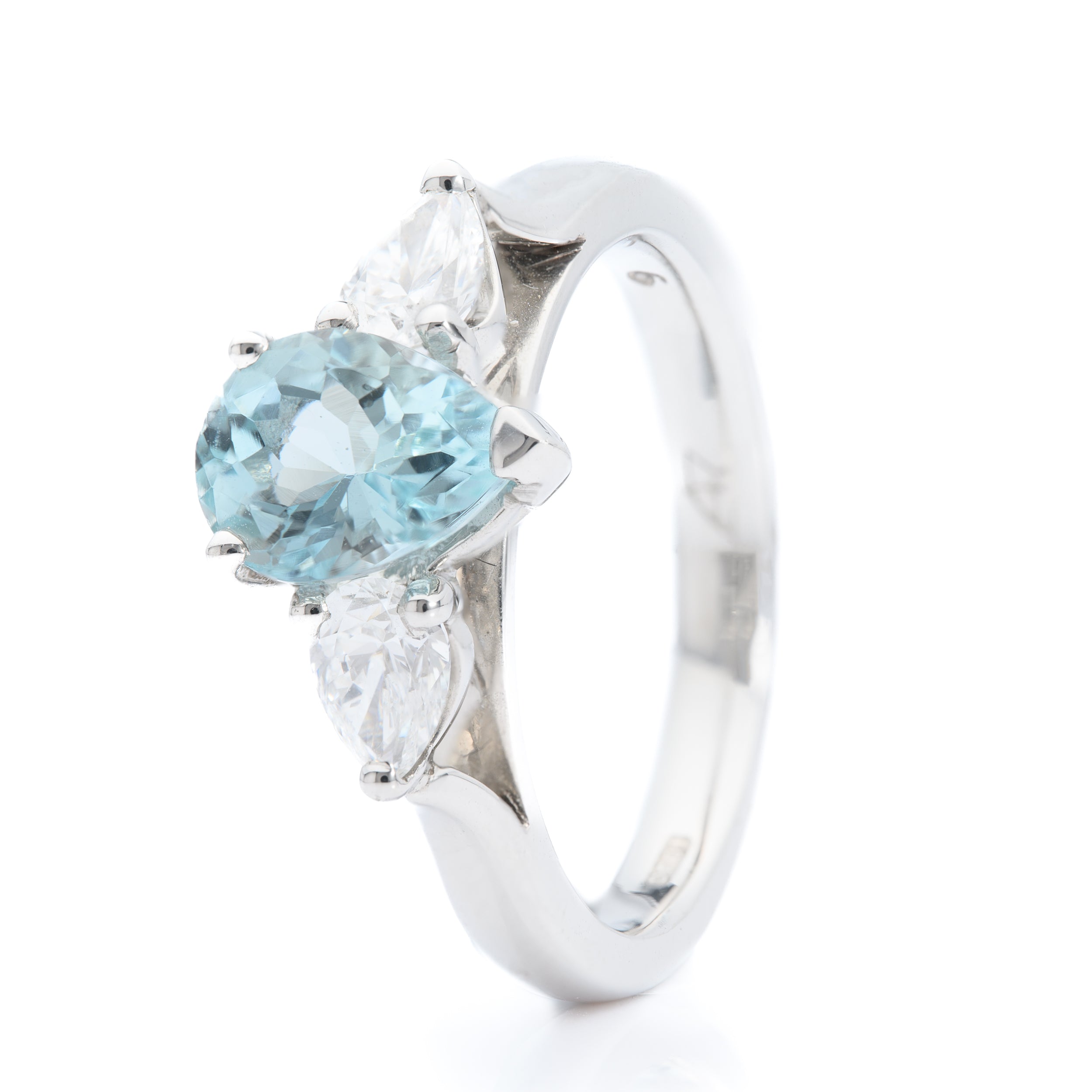 Platinum Pear Cut Aquamarine and Pear Cut Diamond Trilogy Ring