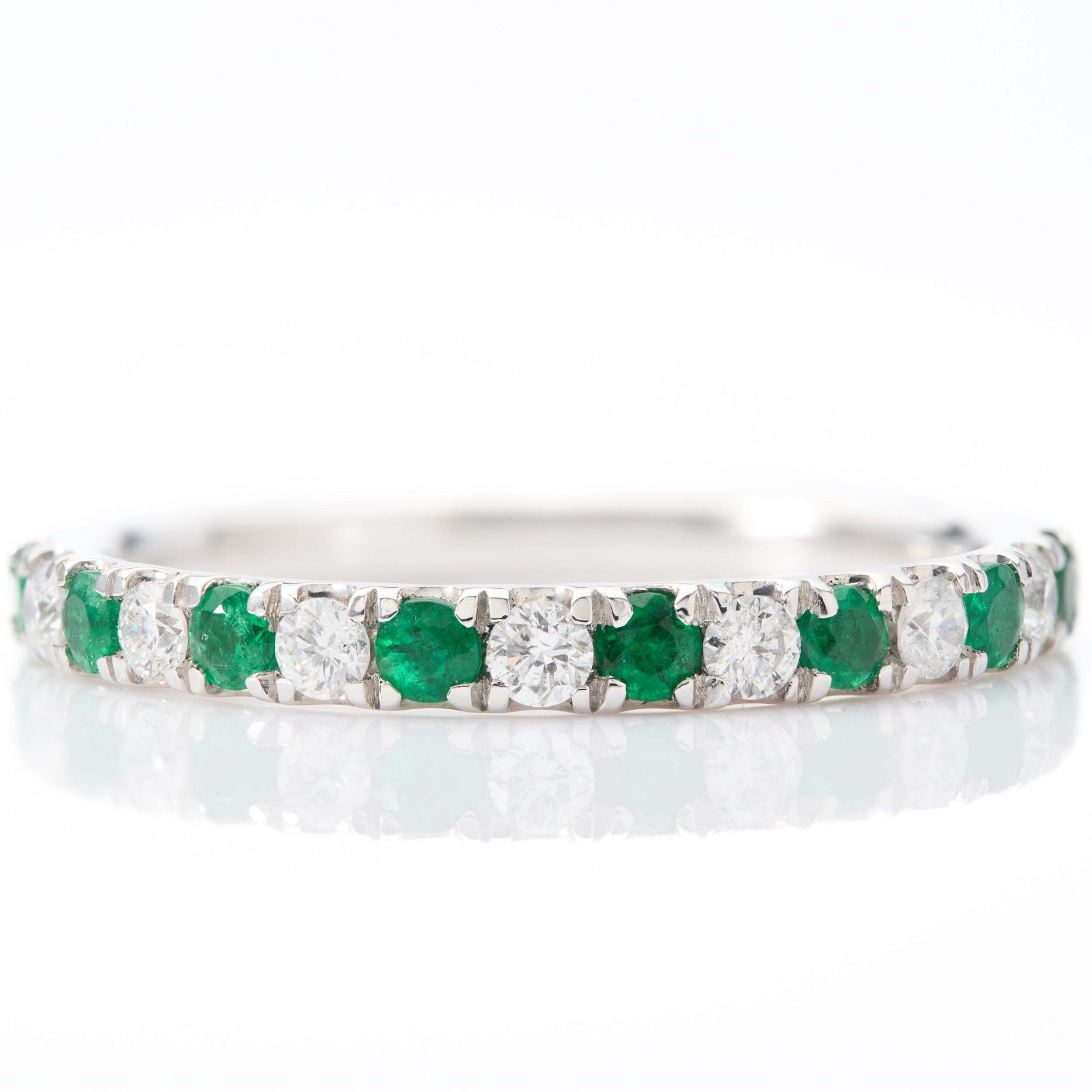 Platinum Round Cut Emerald & Round Brilliant Cut Diamond Claw Set Half Eternity Ring