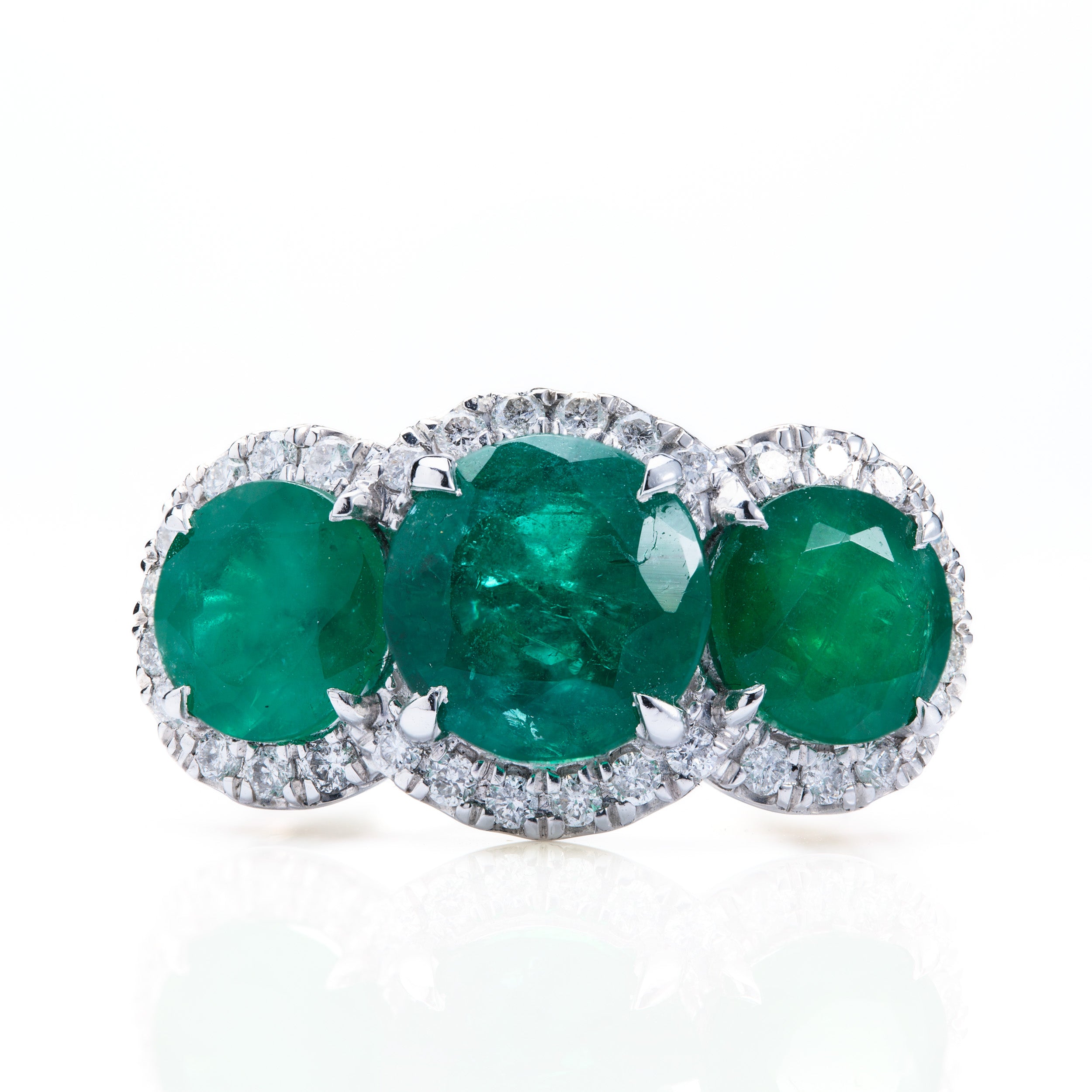 Platinum Round Cut Emerald & Round Brilliant Cut Diamond Triple Halo Cluster Ring