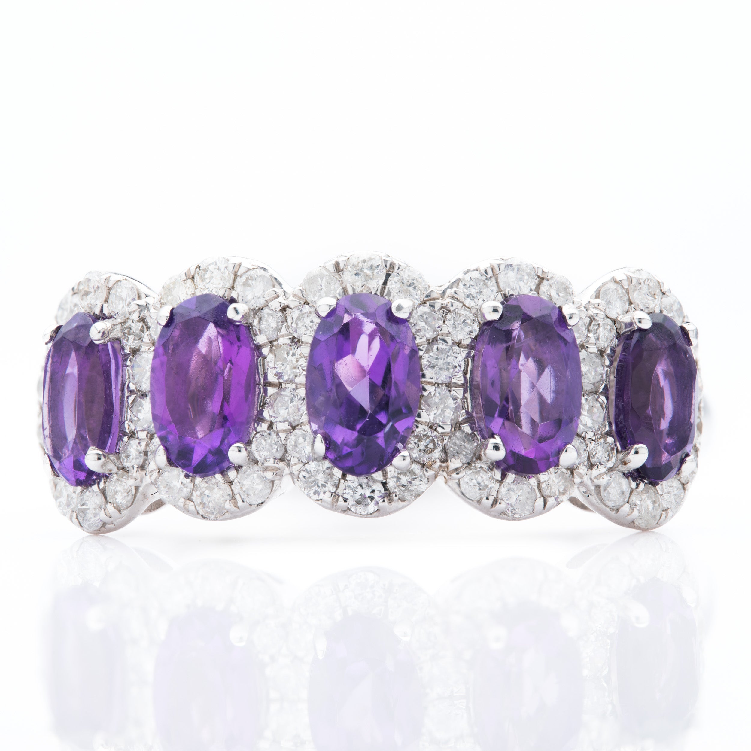 9ct White Gold Oval Cut Amethyst & Round Brilliant Cut Diamond Cluster Ring