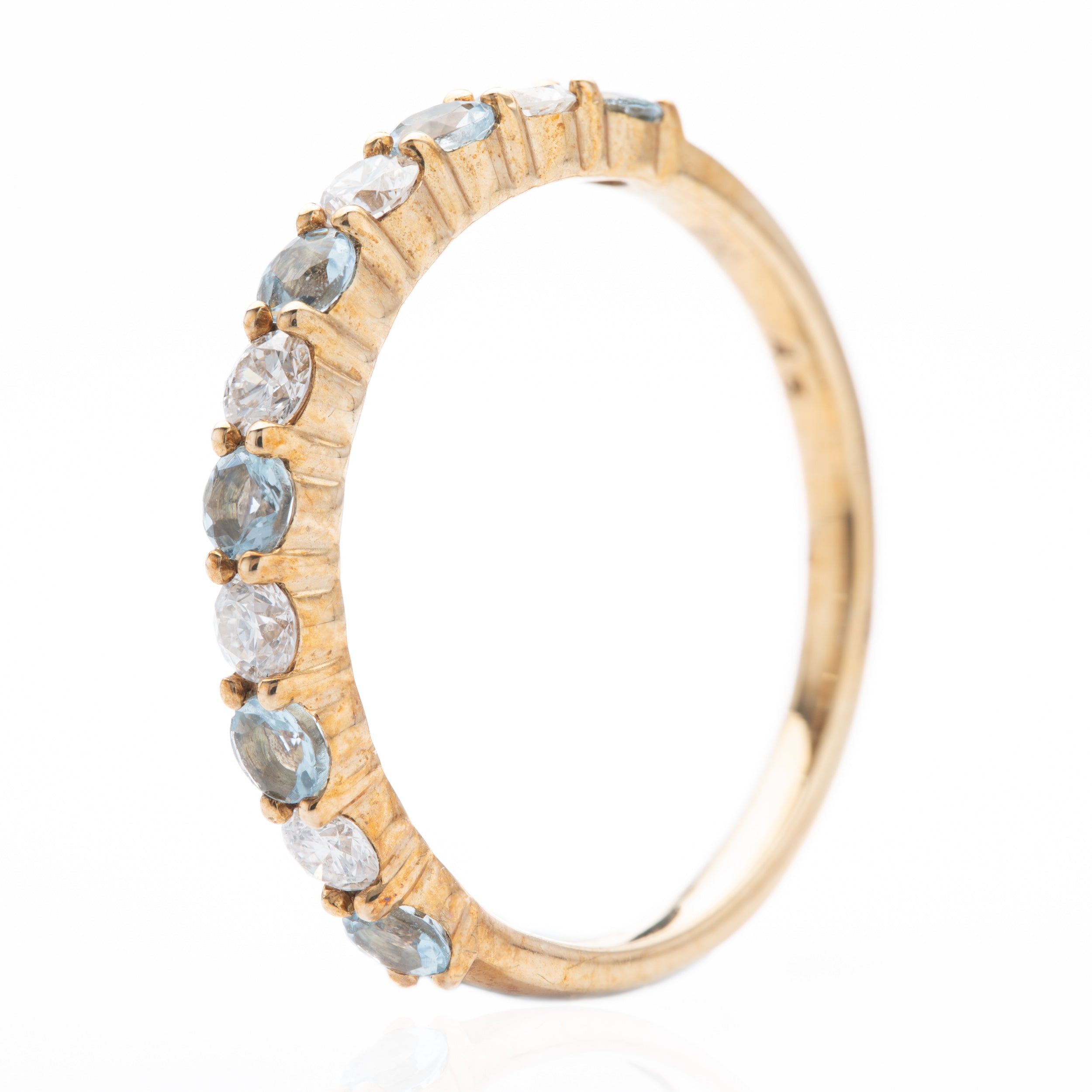 9ct Yellow Gold Round Cut Aquamarine & Round Brilliant Cut Diamond Claw Set Half Eternity Ring