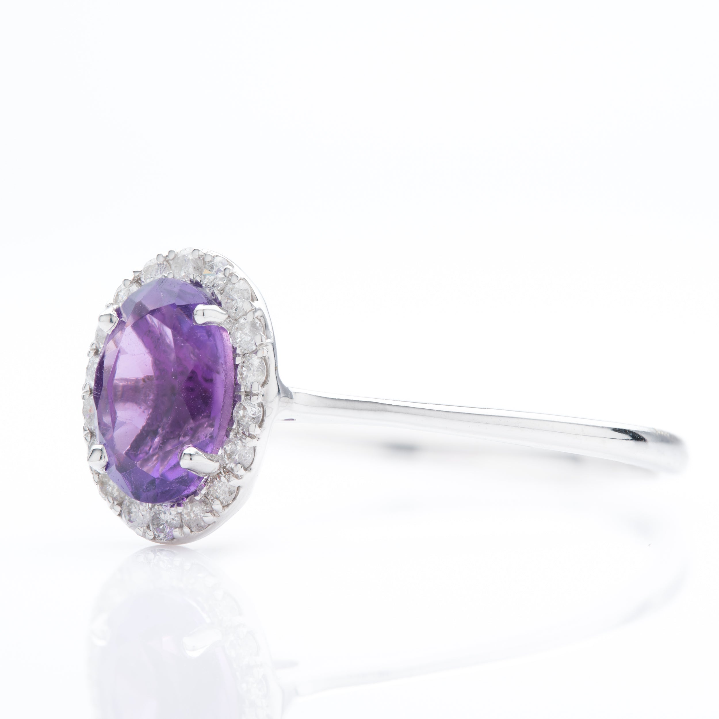 9ct White Gold Oval Cut Amethyst & Round Brilliant Cut Diamond Halo Cluster Ring